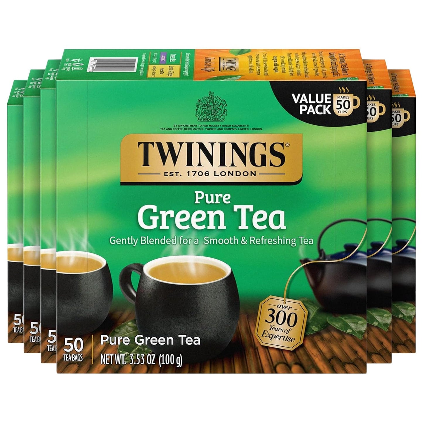 Twinings Pure Green Tea Individually Wrapped Bags, 50 Count (Pack of 6), Smooth Flavour, Enticing Aroma, Caffeinated, Enjoy Hot or Iced, 300 Teabags