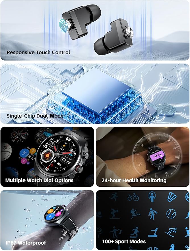 Smart Watch with Earbuds for Android iPhone,Round 1.53”HD Big Screen (Make/Answer Calls) Fitness Tracker,All-in-one Smartwatches Long Time Standby TWS Music Watch for Men Women