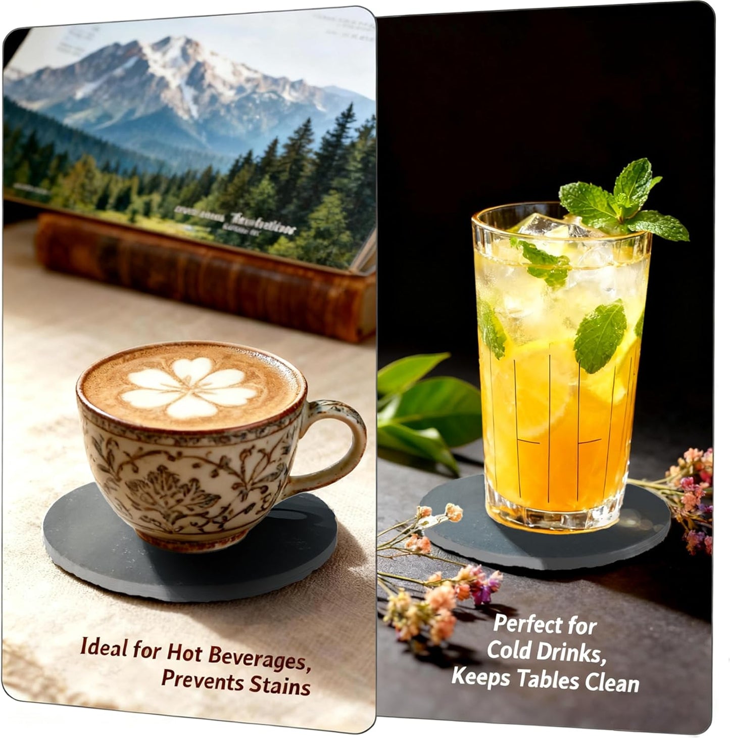 Black Nature Stone Coasters Set of 4, Slim Round Drink Coasters for Coffee Table Anti-Scratch, Boho Desk Décor for Office Bar Kitchen and Home, Protect Wood Glass Surfaces (4pack)