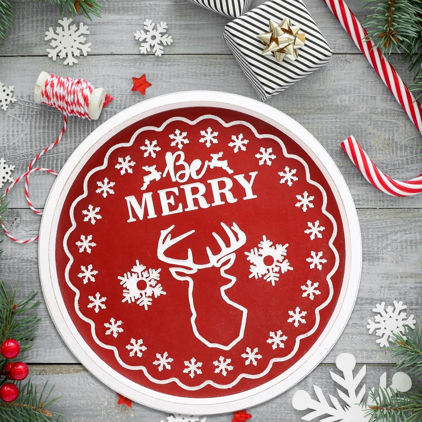 Christmas Reindeer Wood Decorative Ottoman Tray for Coffee Table Kitchen Counter, Living Room, Round Handcrafted Red Wooden Serving Tray for Table Centerpiece