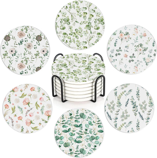 Table Coaster for Drinks Set of 6, Eucalyptus Leaf Flower Watercolor Round Ceramic Coasters,with Cork Base and Metal Holder,Great Housewarming Birthday Gifts,Home Decor