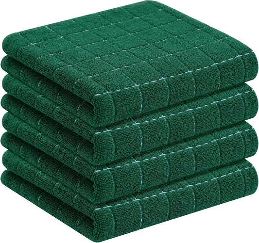 Homaxy 100% Cotton Terry Kitchen Towels(Dark Green, 13 x 28 inches), Checkered Designed, Soft and Super Absorbent Dish Towels, 4 Pack