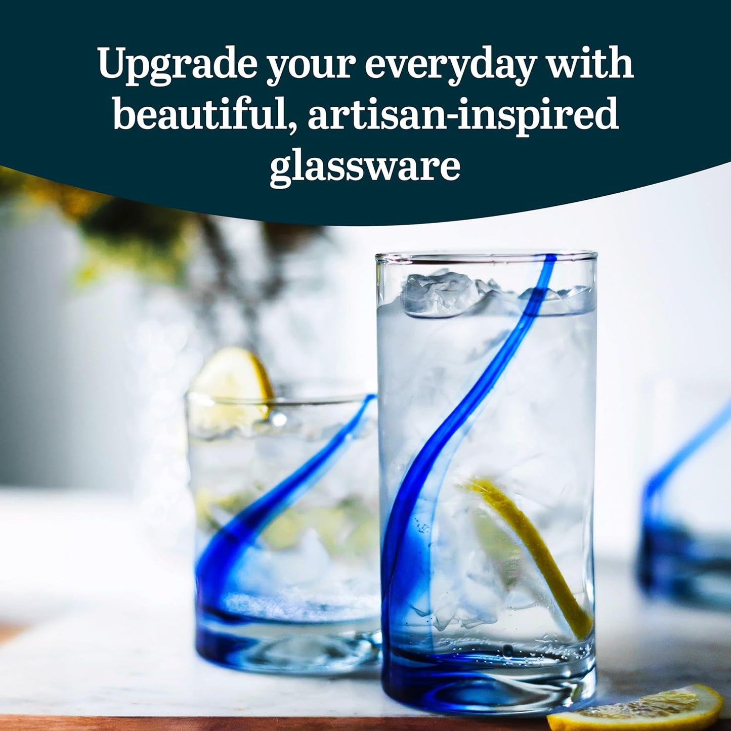 Libbey Tumbler and Rocks Glass Set, Infused Blue Ribbon Drinkware Glasses Set,, Artisan Inspired Four-Dimple Shaped Rock Glasses, Dishwasher Safe Tumbler Glasses Set