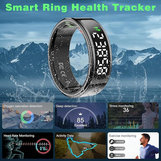 Smart Ring with LED Display Screen, Fitness Tracker Smart Rings for Women Men, Health Ring for iOS & Android, Sleep Tracker Ring Compatible with Heart Rate, SpO2, Sleep, Step (Black, 10)