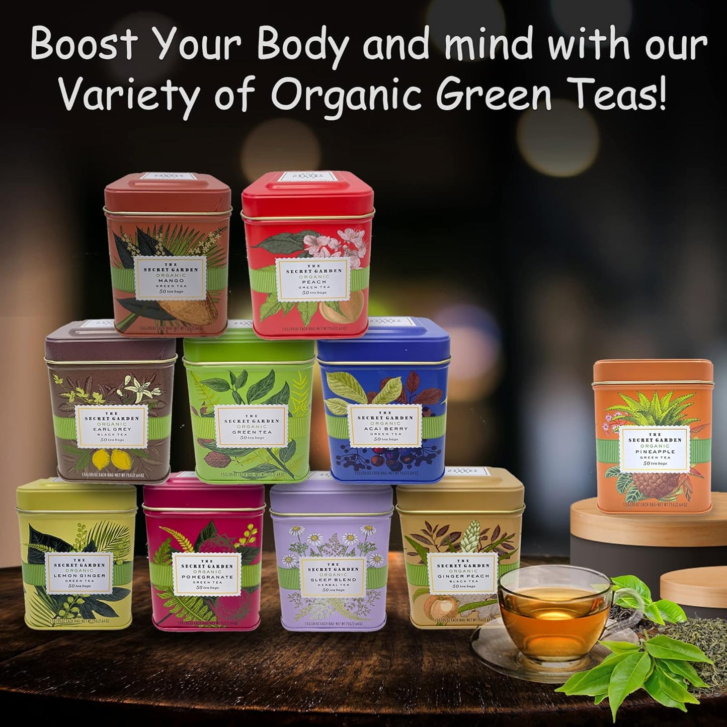 Organic Ceylon Acai Berry Green Tea - 50 Packets - Natural Antioxidant Rich Herbal Leaf Teabags - USDA Certified 100% Non-GMO - Caffeinated Designer Gift Tin