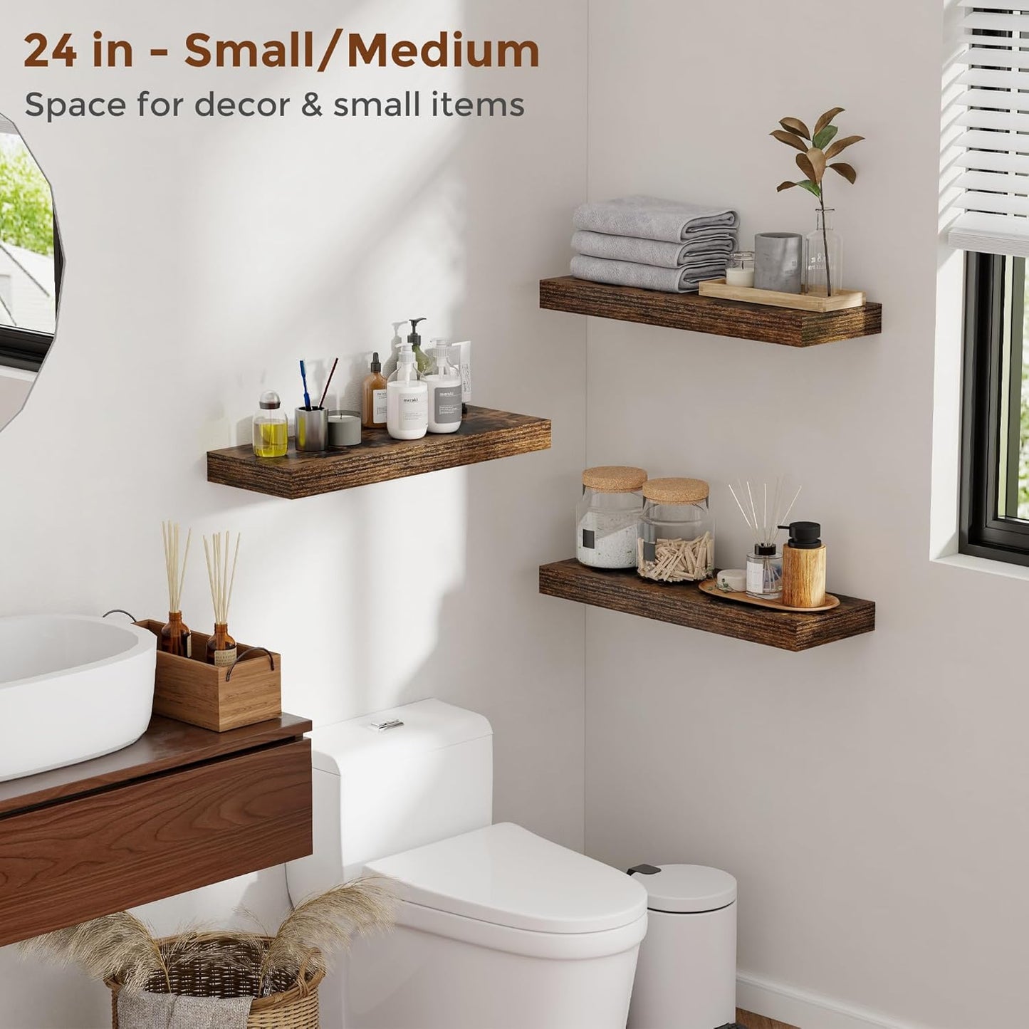 Heimlove 36 Inch Floating Shelves for Wall 8 Inch Deep Rustic Brown Shelves Set of 2,Wall Mounted Rustic Wood Long Floating Shelf with Invisible Brackets for Bedroom Kitchen Living Room