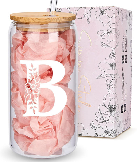 Personalized Gifts for Women, Monogrammed Glass Cups with Lids and Straws, Custom Tumbler, Cute Customized Mug, Aesthetic Stuff, Initial Iced Coffee Cup, Drinking Glasses, Birthday Teacher Gifts, B