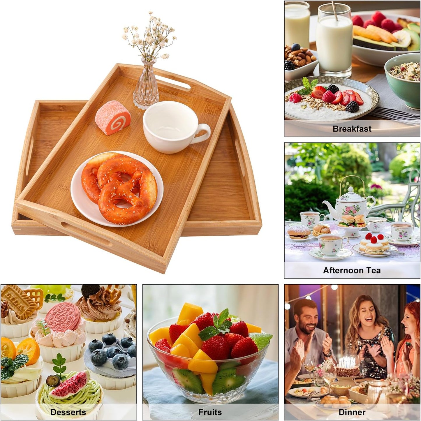 3 PCS Bamboo Serving Tray, 3 Size Nested Breakfast Bed Tray with Handle, Wood Serving Tray for Serving, Breakfast Bed Trays for Eating, Decor, Displaying Cake, Fruit