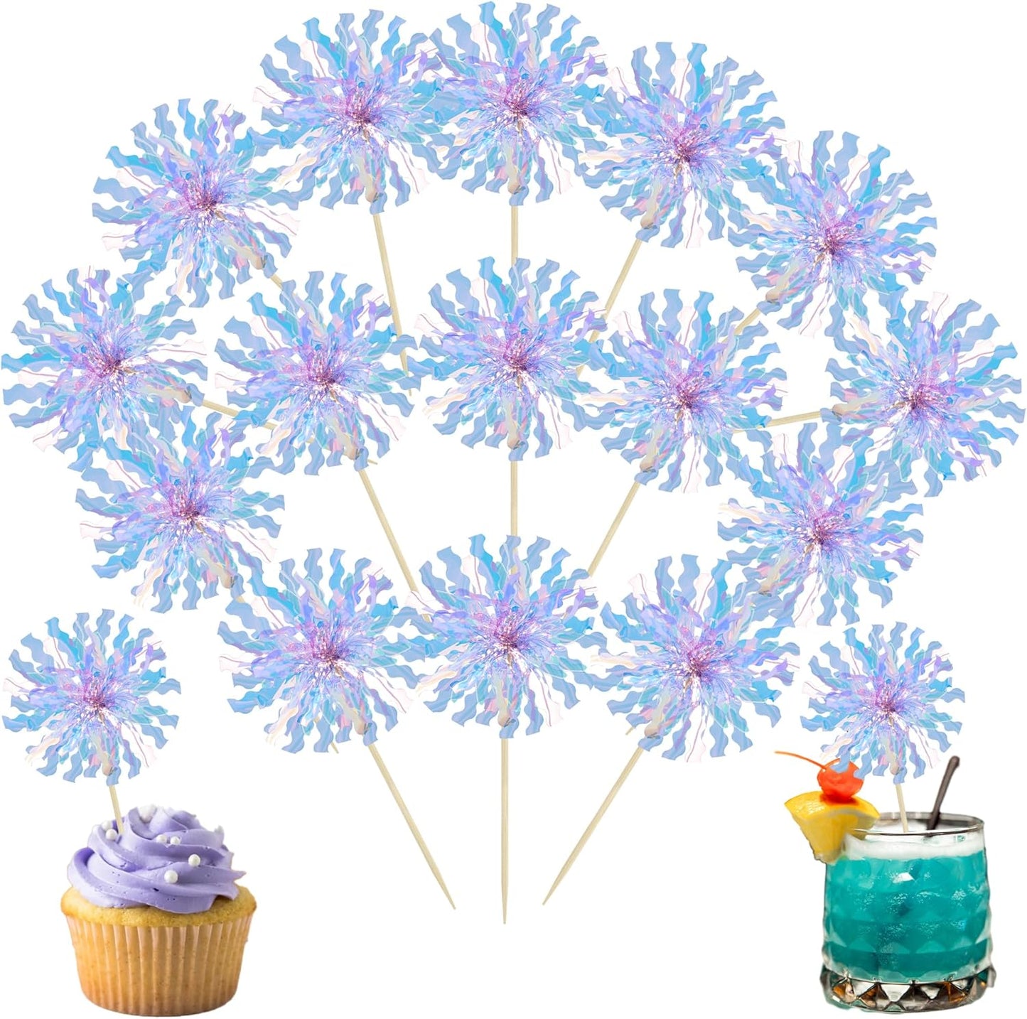 Ephlyn 30Pcs Foil Firework Cupcake Toppers Party Birthday Cake Toppers Supplies Sparkle Tinsel Cocktail Fruit Toothpick for Birthday Wedding Graduation Party Light Blue
