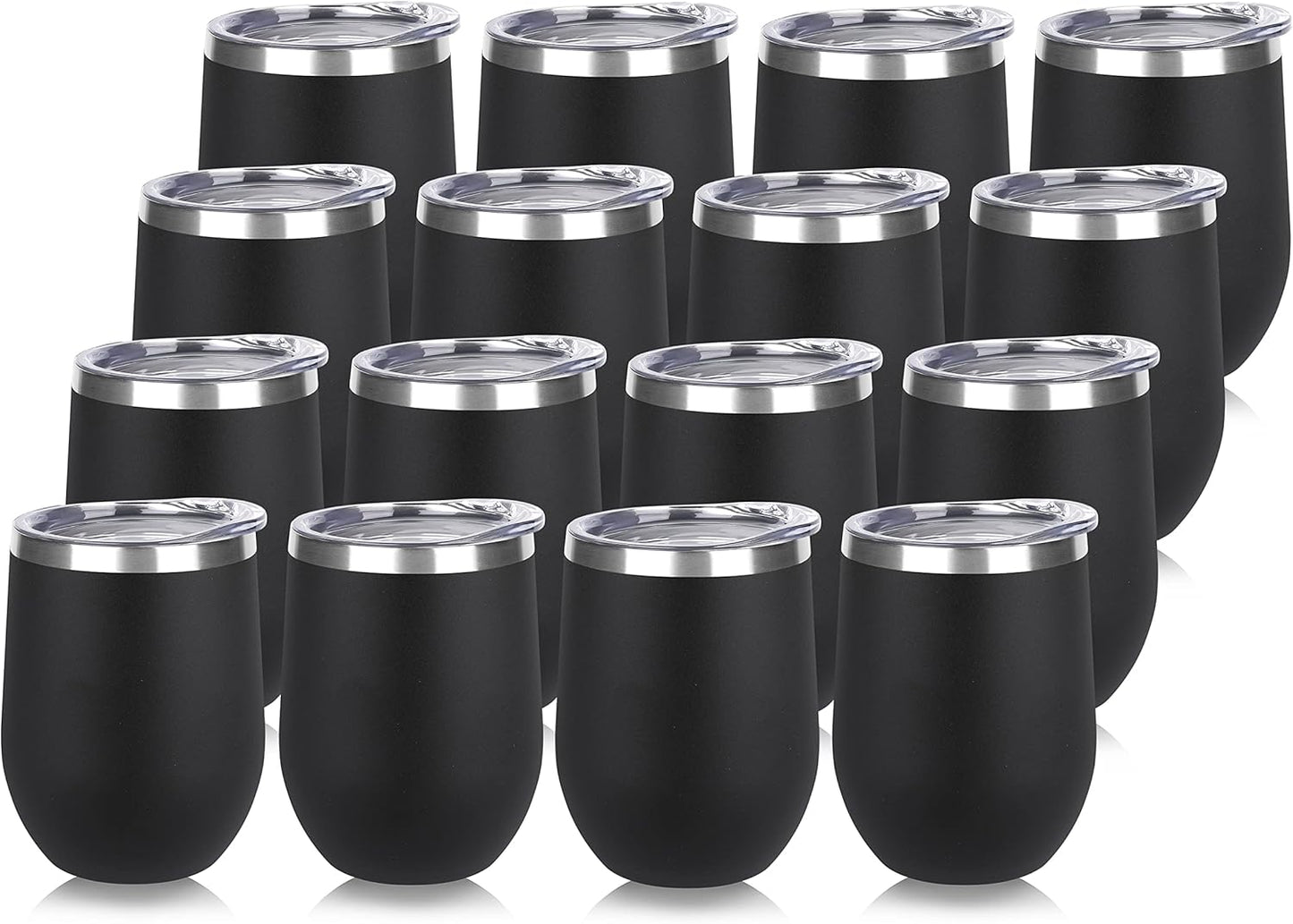 DOMICARE Stainless Steel Wine Tumbler Bulk with Lid, Personalized Insulated Tumblers Set, 12oz Travel Coffee Cups Pack of 16, Black