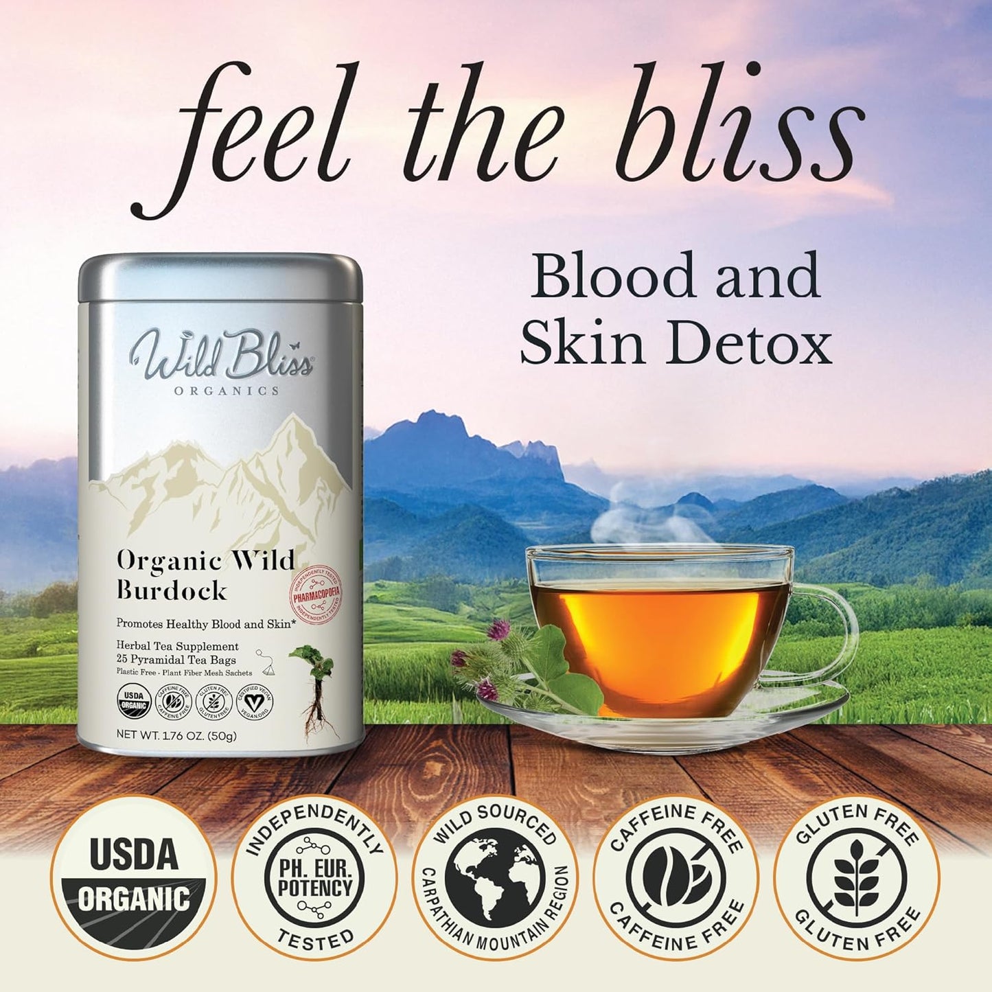 Wild Bliss Organic Burdock Root Tea - Caffeine Free Herbal Detox Support - Pharmacopoeia Quality - 25 Plant Based Tea Bags