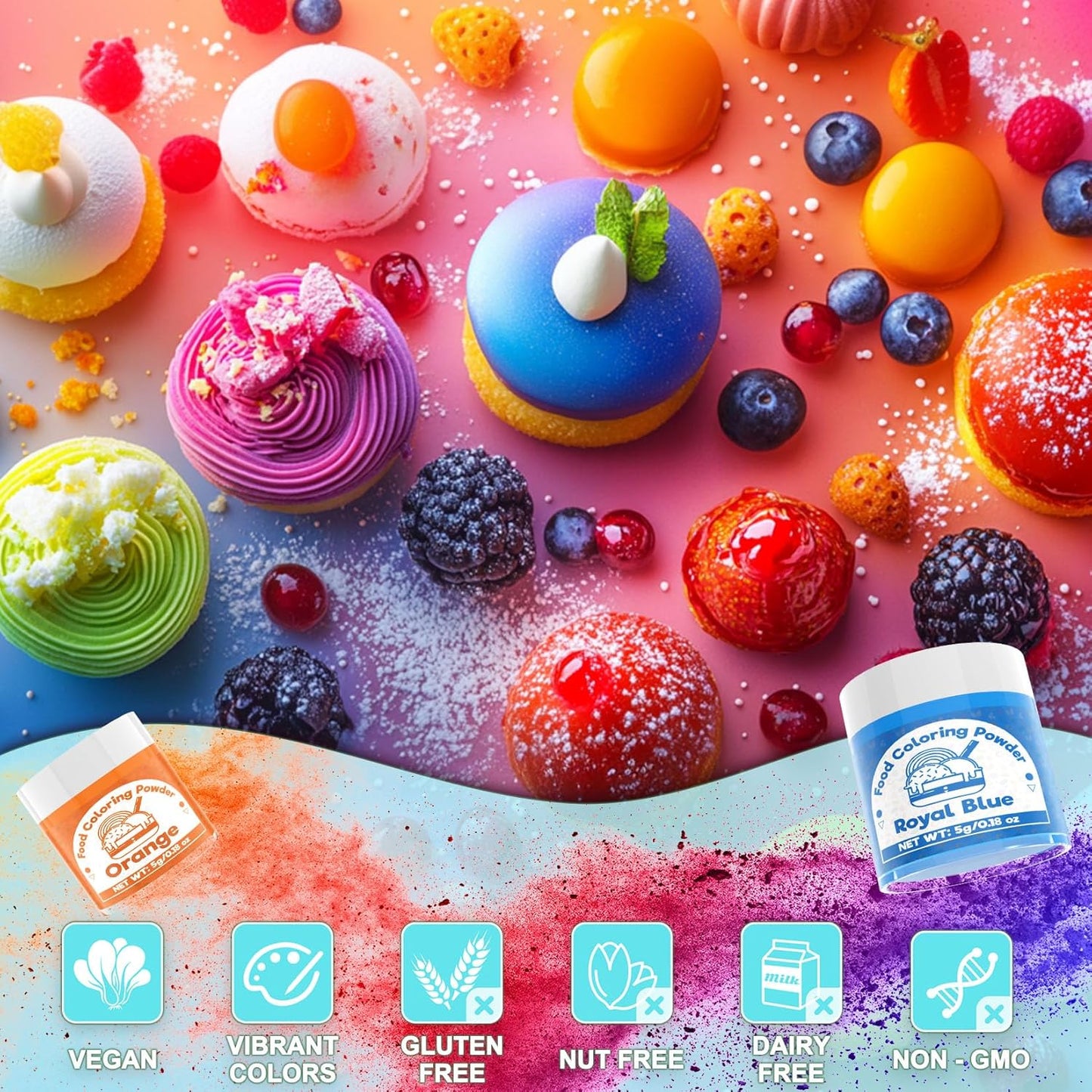 Food Coloring Powder - 15 Bright Colors Flavorless Food Dye, High Concentrated Upgraded Food Coloring for Icing, Baking, Cake Decorating, Cooking, Frosting - 5g/bottles