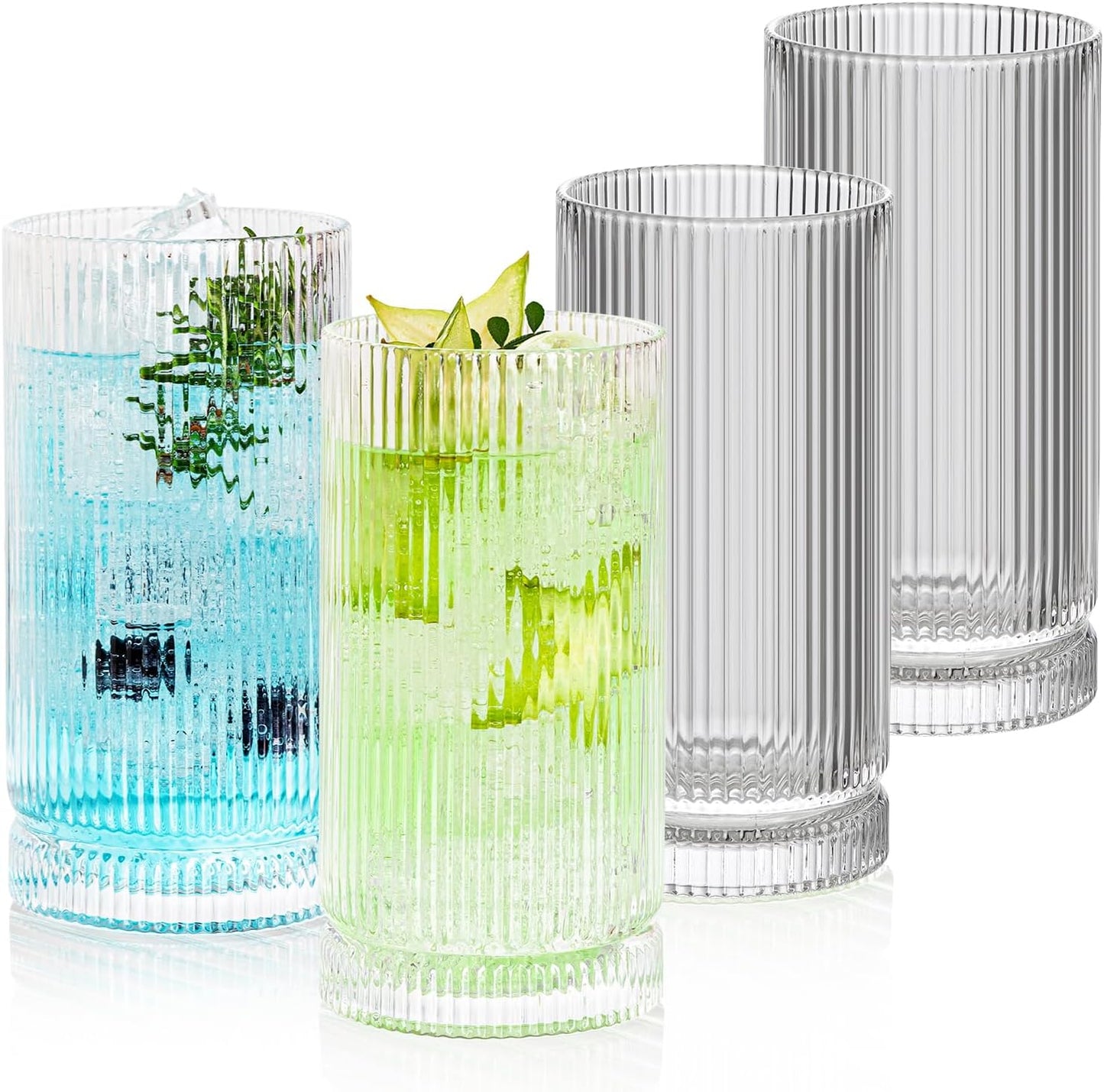 16oz Ribbed Glassware, Vintage Drinking Glasses Set of 4, Cocktail Glass Cups, Elegant Tom Collins Glasses, Highball Ribbed Glasses Ideal for Water, Iced Coffee, Juice, Beer, Milk