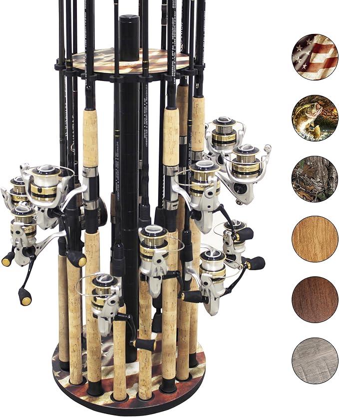Rush Creek Creations | Round Fishing Rod Holder for 16 Freshwater Fishing Poles, Fishing Gear, and Fishing Accessories | Fishing Rod Rack with 16 Fishing Rod Clips for Garage Organization