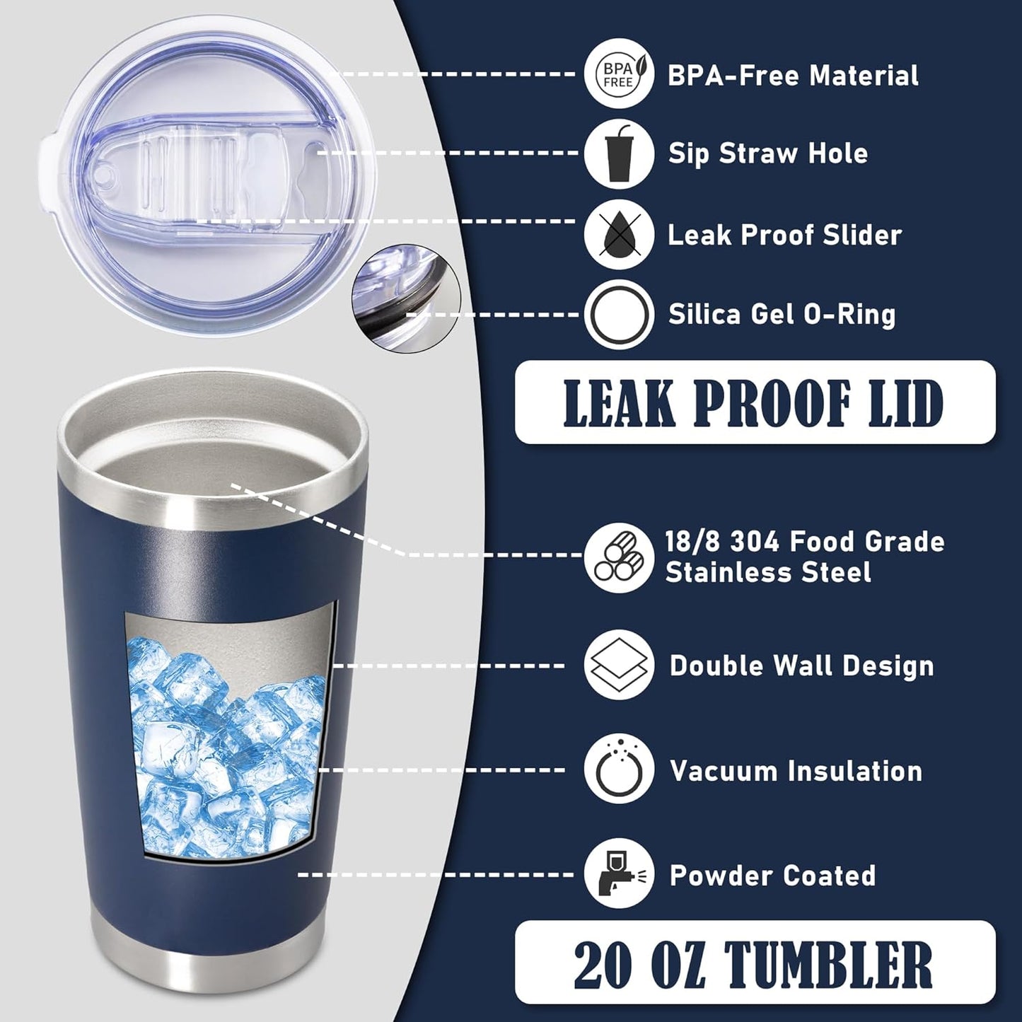 20 oz Tumbler Coffee Tavel Tumblers Bulk with Lid Stainless Steel Double Wall Vacuum Insulated Mug Powder Coated Cups fit Car Cupholder for Hot and Cold - Navy, 12Pack