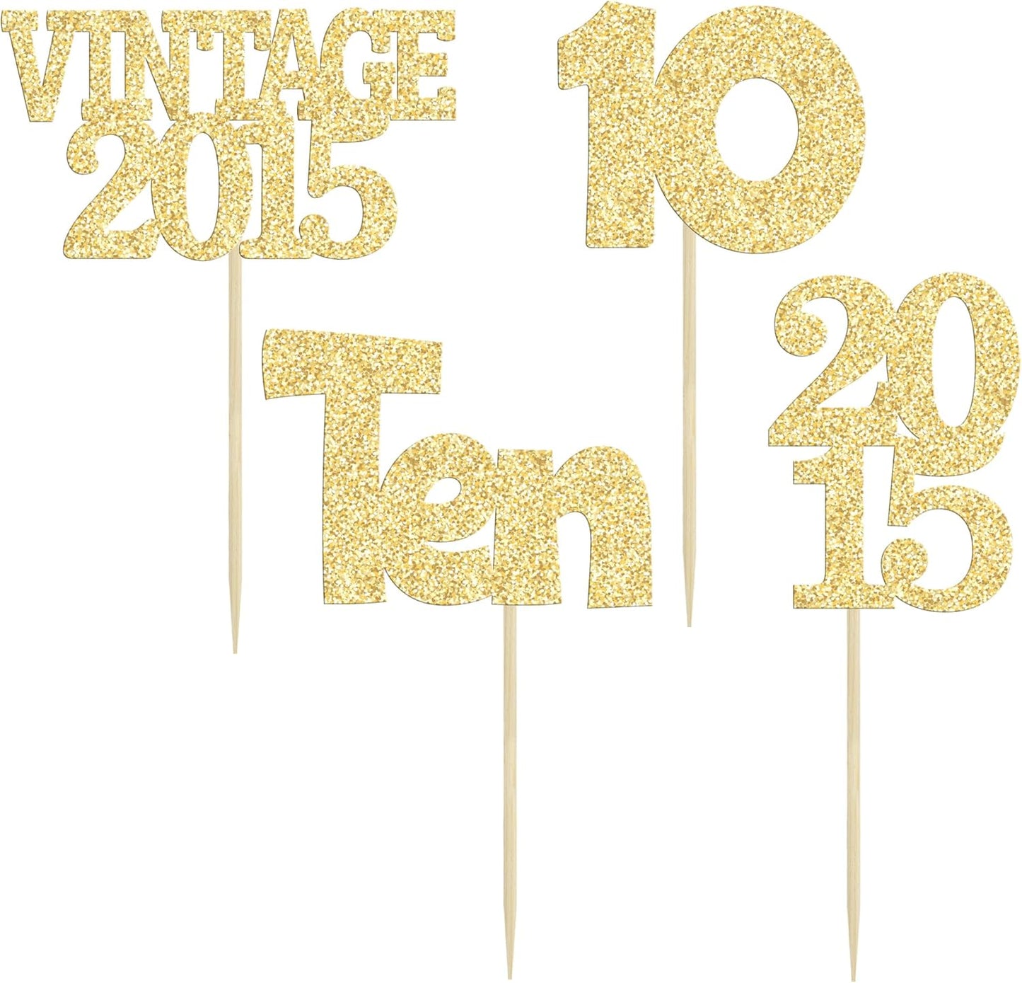 Gyufise 24Pcs Double Digits 10 Cupcake Toppers Glitter Ten Vintage 2015 10th Birthday Cupcake Picks Hello 10 Years Birthday Cake Decorations for Happy 10th Birthday Anniversary Party Supplies Gold