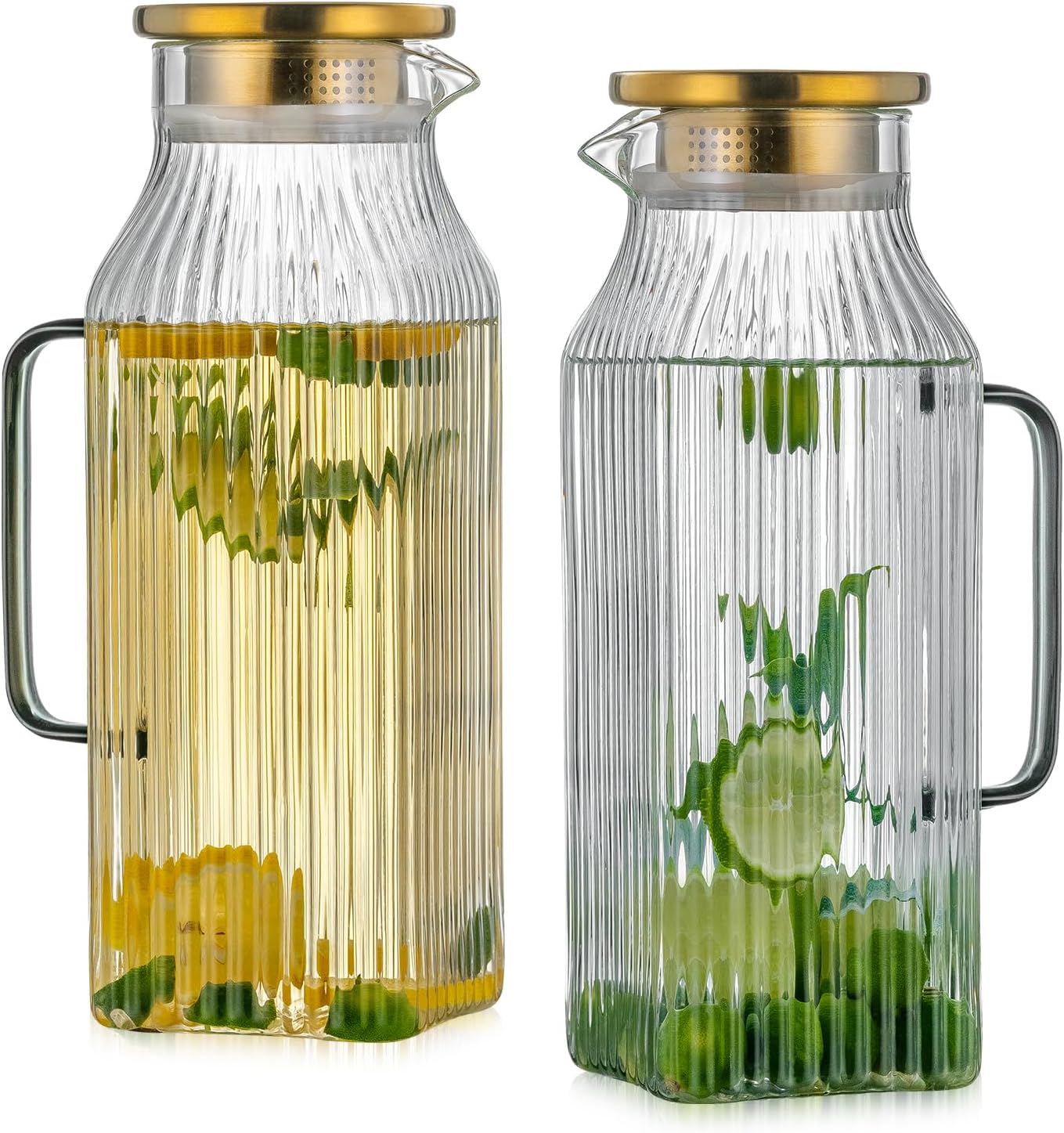 2 PACK Square Glass Pitcher with Lid and Spout,68 oz/2 Liter Vertical Stripes Water Pitcher for Fridge, Borosilicate Glass Water Carafe for Cold Brew, Coffee, Lemonade, Sun Tea,Heat Resistant