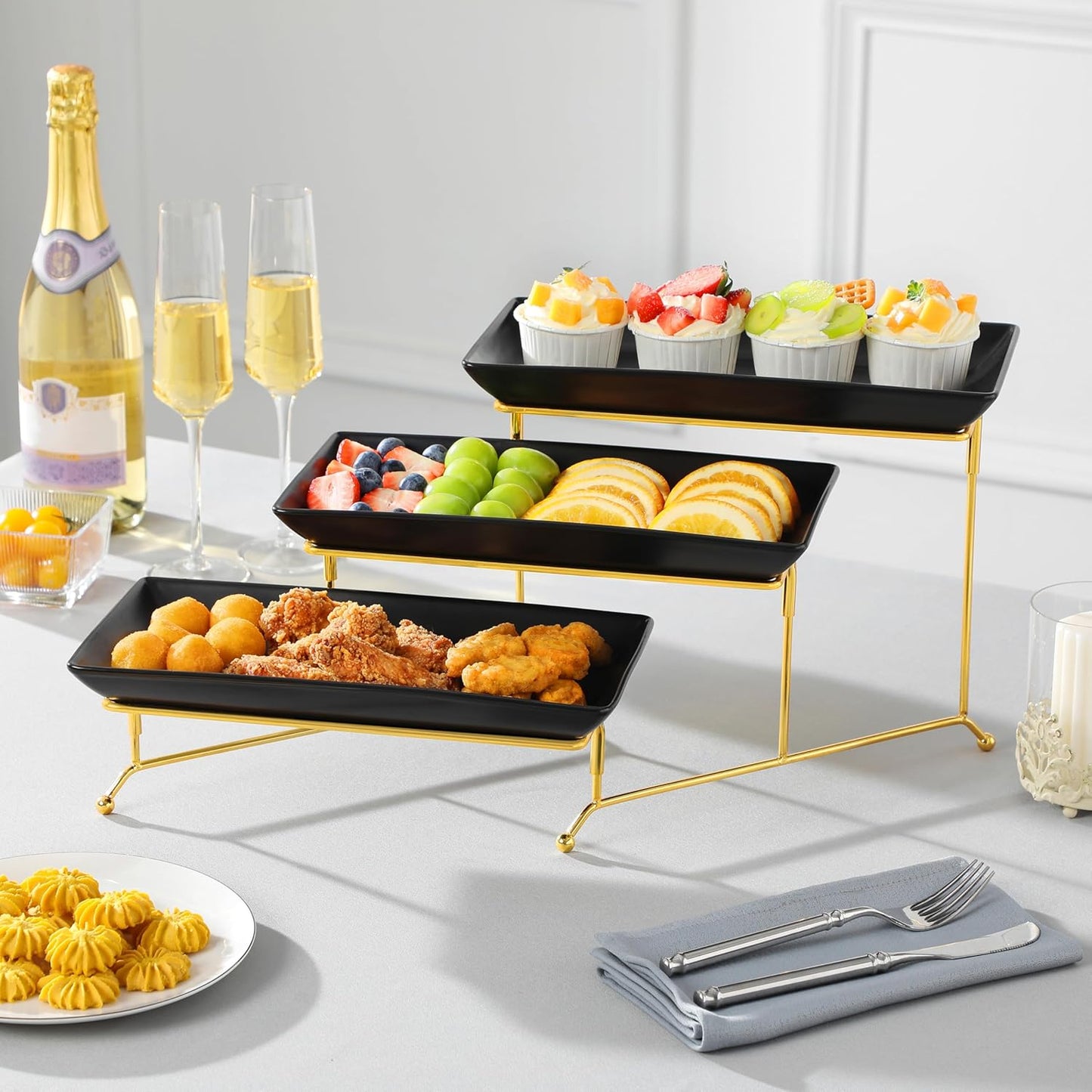 MALACASA 3 Tier Serving Trays for Party, 12 Inch Porcelain Black Trays for Serving Food, Dessert Stand with Collapsible Gold Metal Rack