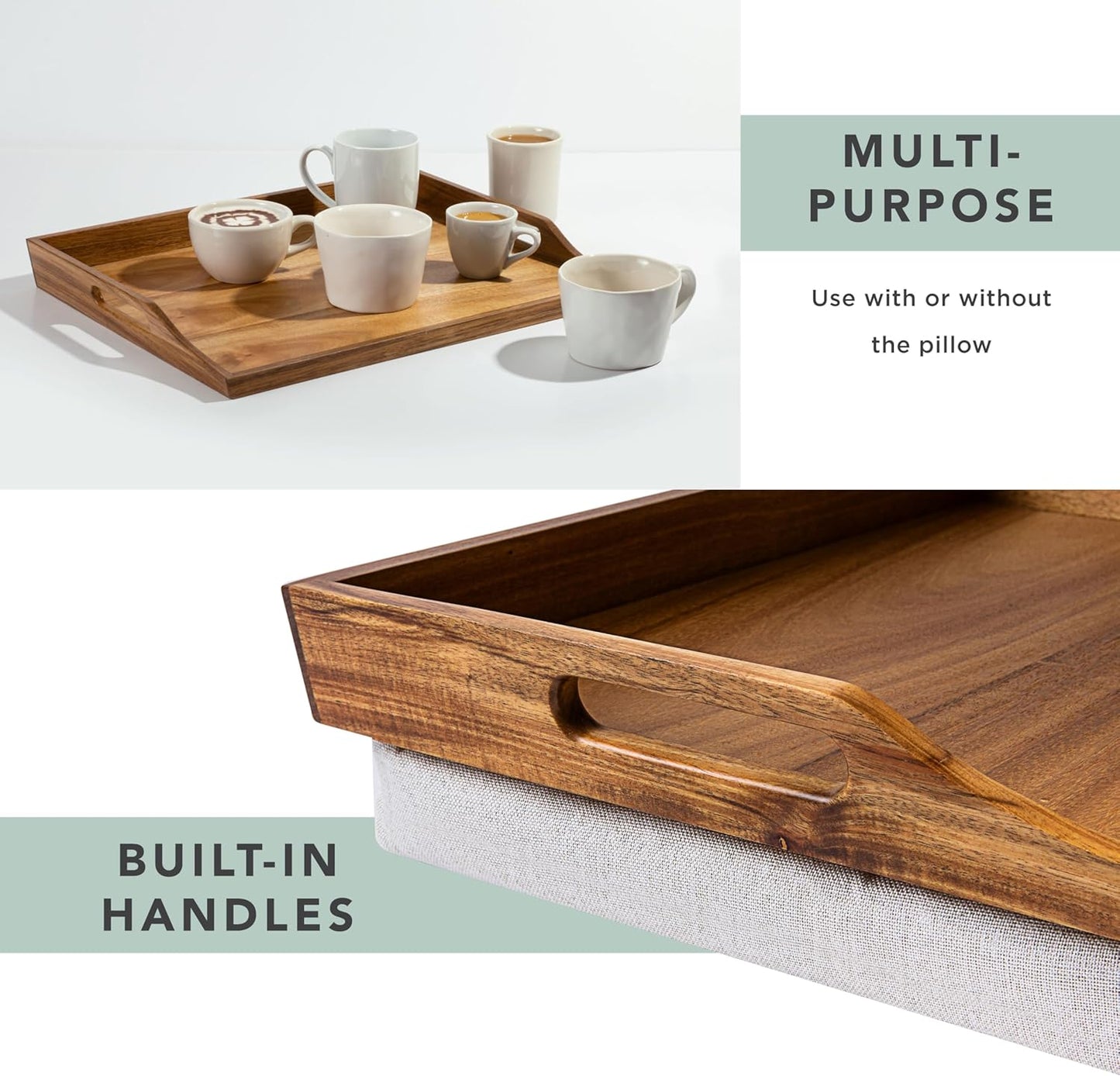 ROSSIE HOME Acacia Wood Bed Tray, Lap Desk - Set of Two - with Hyacinth Storage Basket - Natural - Fits up to 15.6 Inch Laptops - Style No. 70106