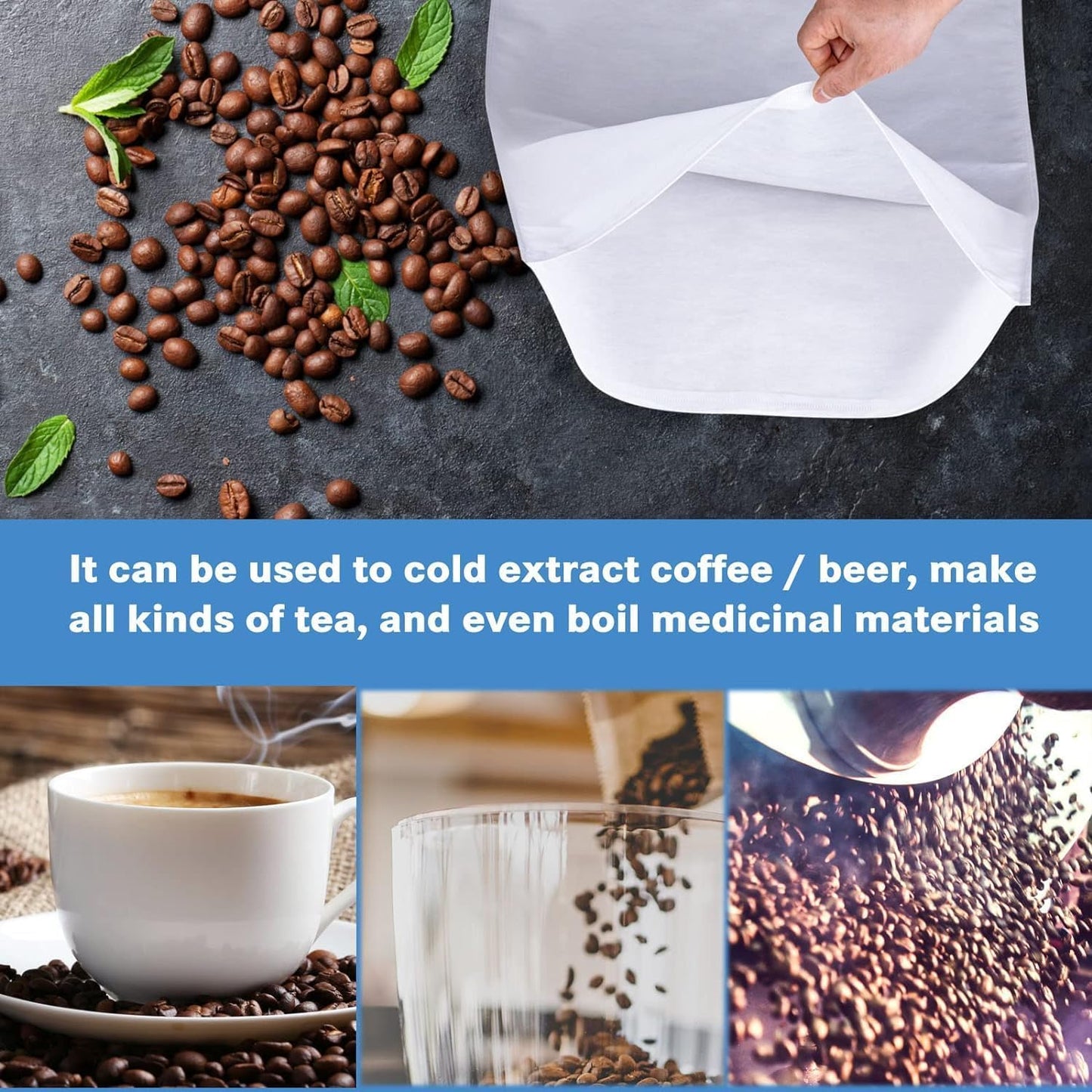 100 Pack Cold Brew Coffee Filters, 20" X 20" Commercial Cold Brew Bags, Brew Up To 5 LBS Coffee, Filter Bag, 5 Gallon Coffee Filter