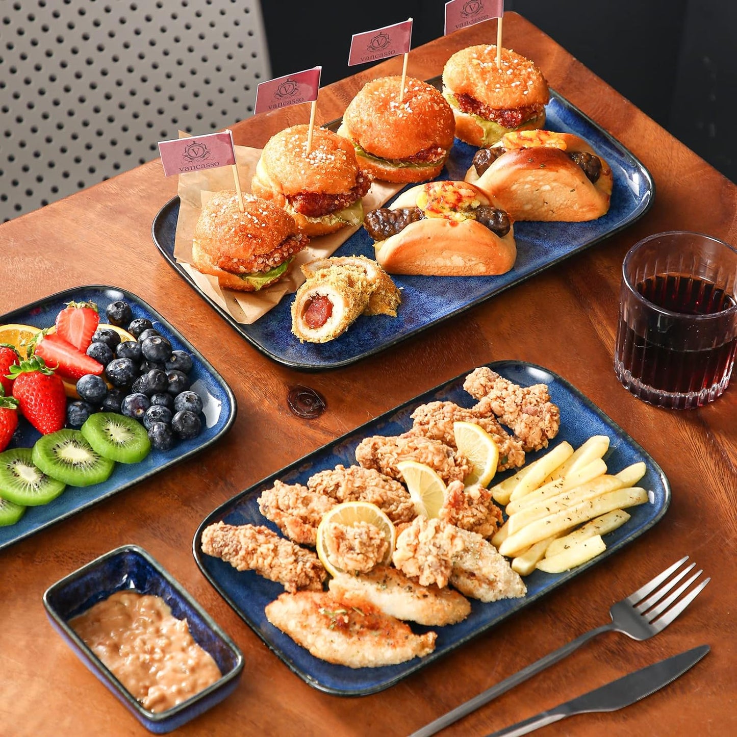 vancasso Stern Serving Platters Set of 3, 15/13/ 11 Inches Rectangular Serving Plates, Blue Serving Trays for Entertaining, Party