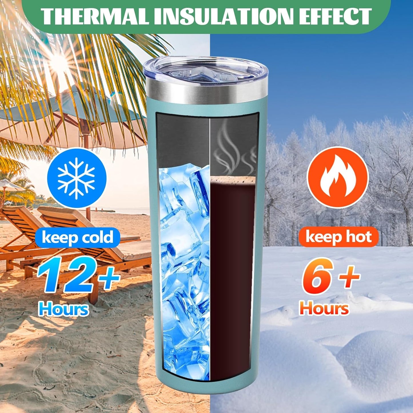 20 oz Skinny Tumbler with Lid and Straw,Stainless Steel Vacuum Insulated Tumbler Cup Double Wall Leak-proof Coffee Mug,Travel Thermal Water Tumbler for Home,Office,Outdoor (Glacier blue,8)