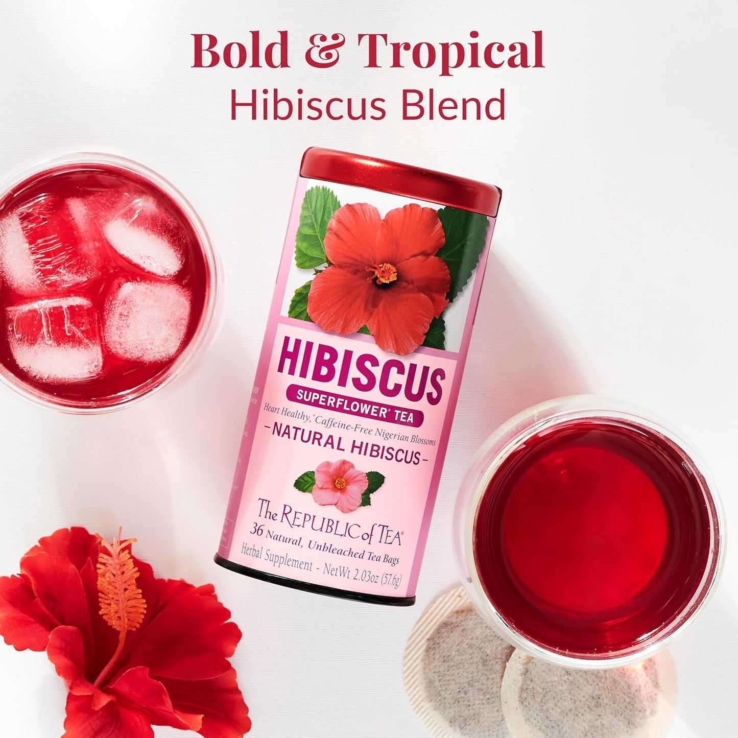 The Republic of Tea Natural Hibiscus Superflower Herbal Tea, 250 Tea Bags, Ruby Red Hibiscus Fine Blend