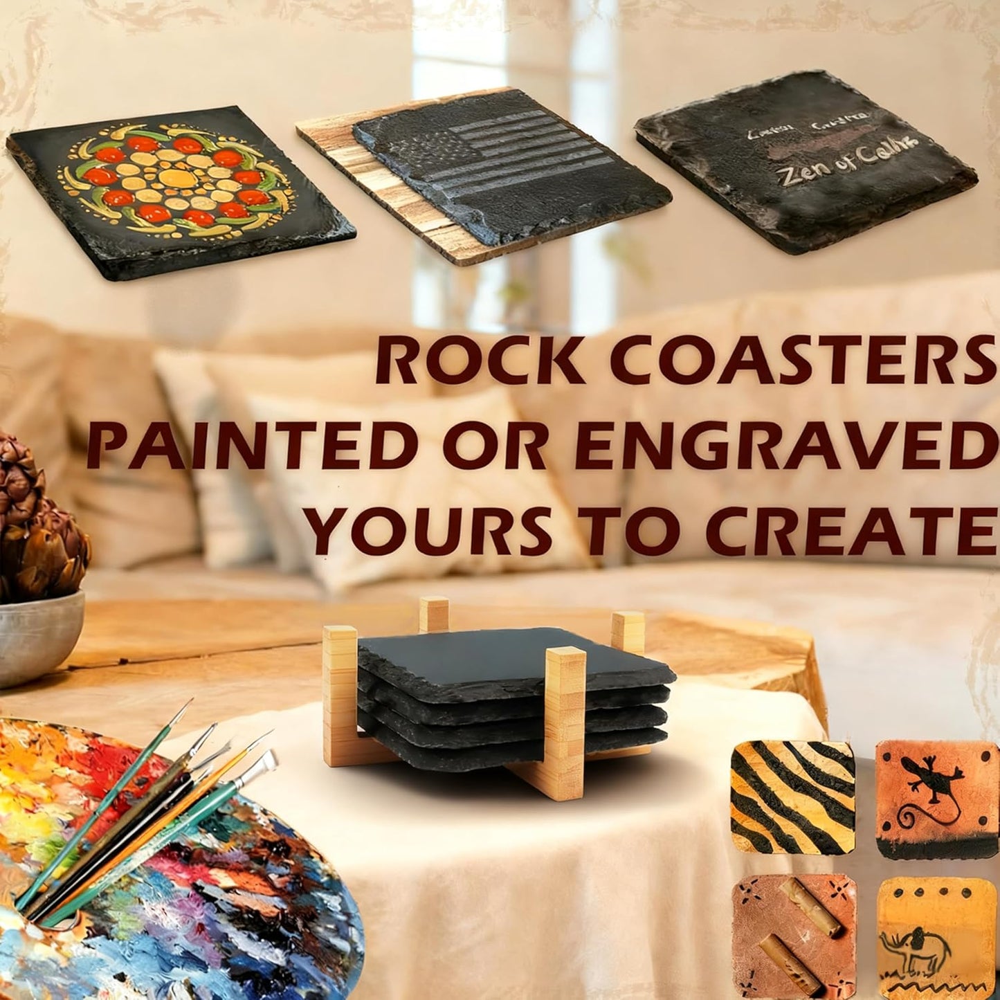 Black Natural Stone Coasters Set of 4, Sleek Minimalist Square Drink Coasters with Natural Edge, Durable Anti-Scratch Table Décor for Home, Kitchen, Bar & Office, Protects Wood & Glass Surfaces