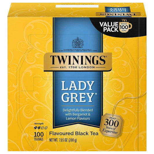 Twinings Lady Grey Black Tea Individually Wrapped Bags, 100 Count (Pack of 1), Orange Peel & Lemon Peel, Fresh and Uplifting, Caffeinated, Enjoy Hot or Iced, 100 Teabags