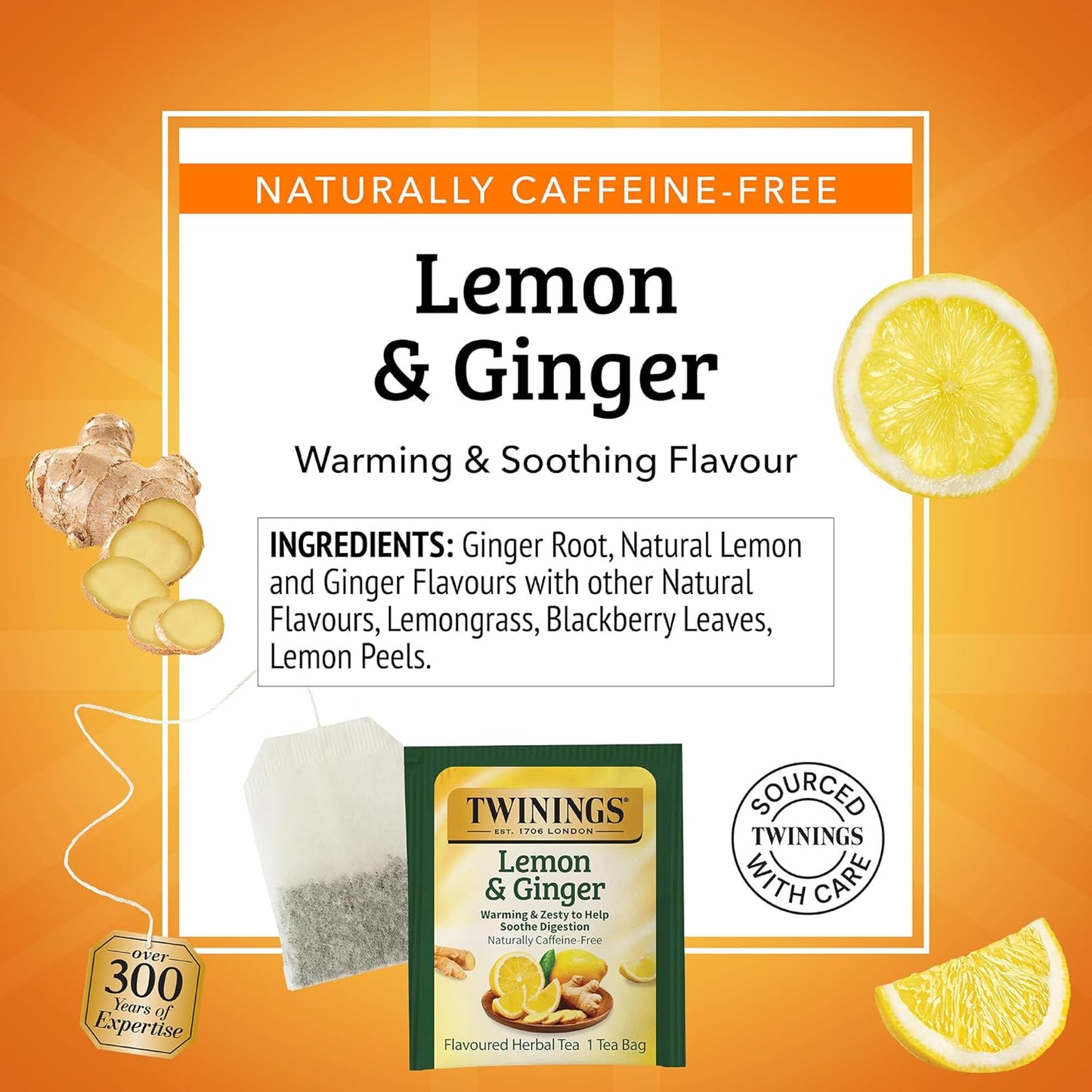 Twinings Lemon & Ginger Herbal Tea Individually Wrapped Bags, 20 Count (Pack of 6), Tangy Lemon, Spicy Ginger, Naturally Caffeine-Free, Enjoy Hot or Iced, 120 Teabags