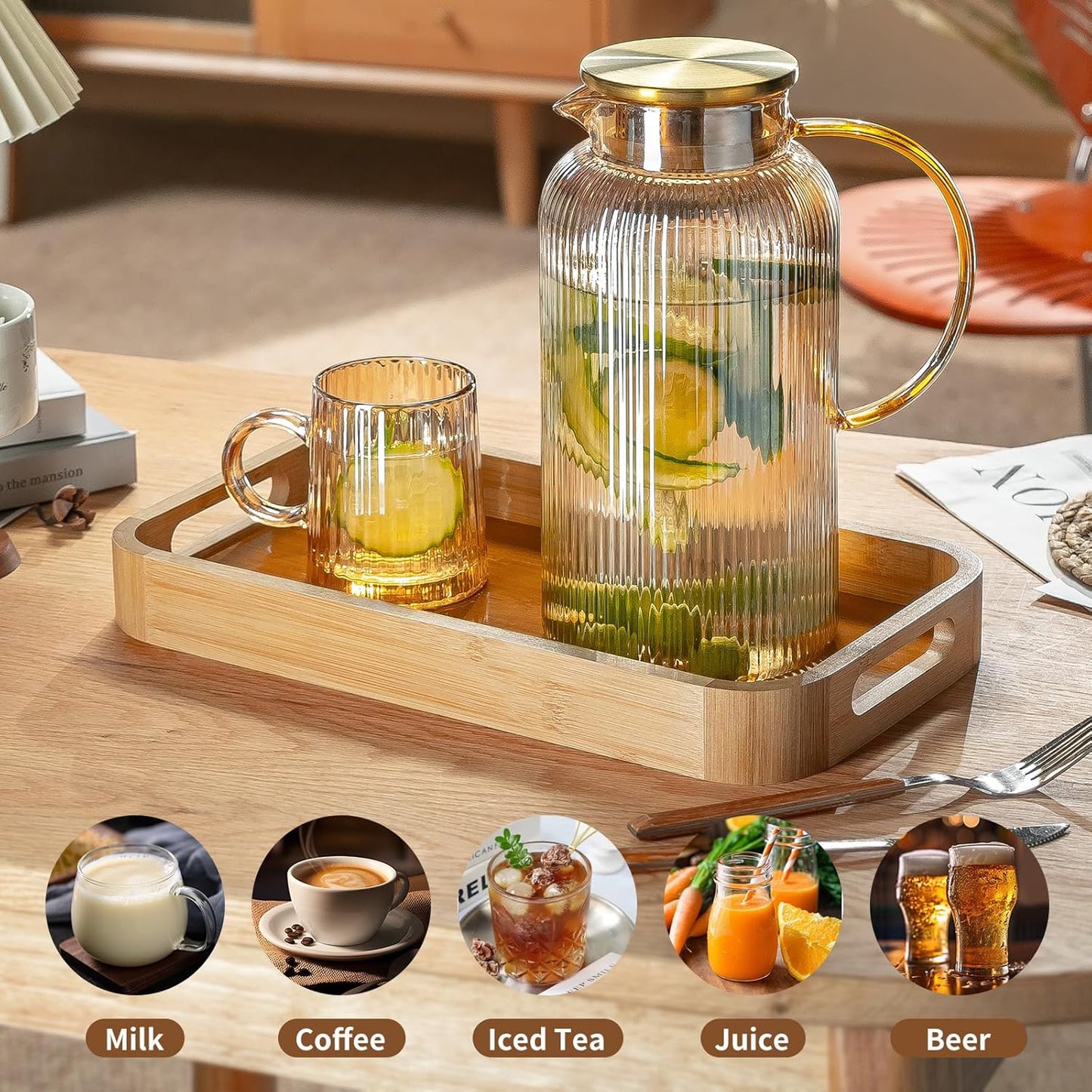 Glass Pitcher with Lid, 84oz/2.5 Liter Amber Classic Vertical Stripes Water Pitcher,Glass Water Carafe for Cold Brew, Coffee, Lemonade, Iced Sun Tea,Beverage, Milk, Heat Resistant