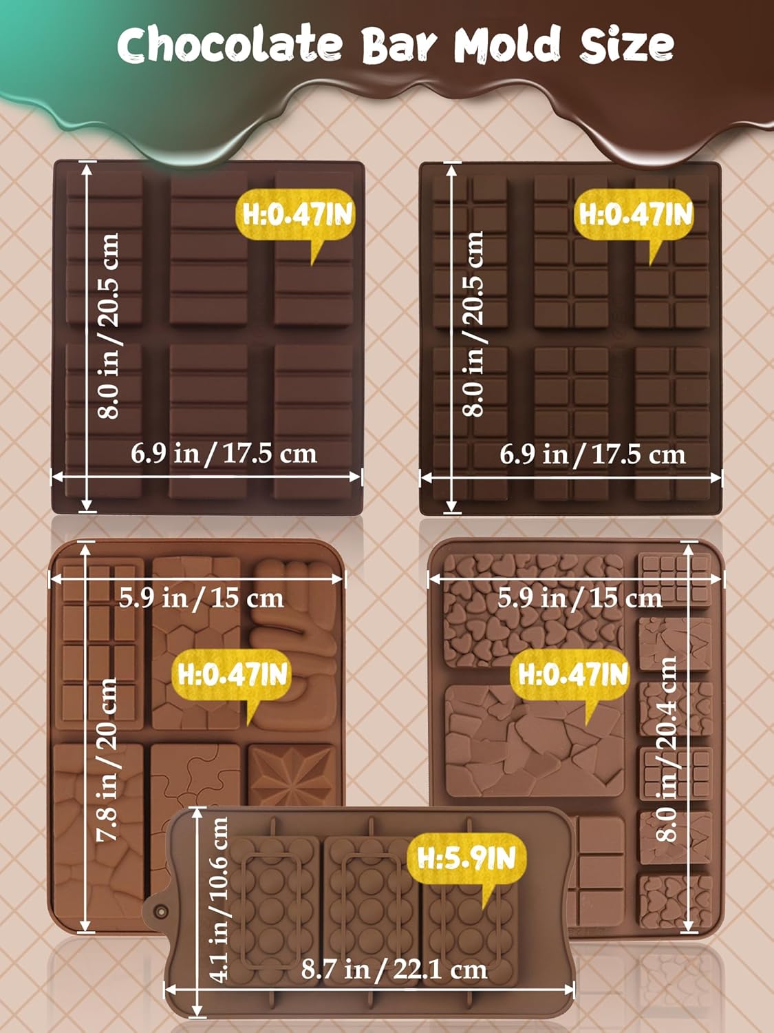 (120PCS) 6 Models Deep Chocolate Bar Mold - Food Grade Silicone Mold for Dubai Chocolate Bar Pistachio,With Recipes/Scraper/Wrapping Paper/Stickers