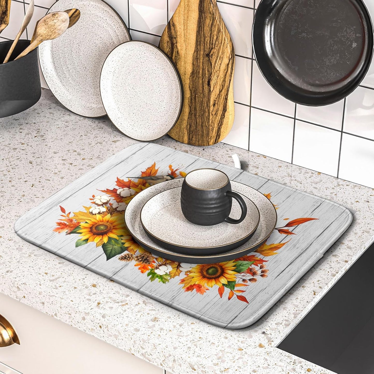 Hello Fall Sunflowers Dish Drying Mat for Kitchen Counter,Autumn Pumpkin Maple Leaves Drying Mat 16 x 18 Inch with High Absorbent Microfiber Dish Drying Drainer Mat for Coffee Bar