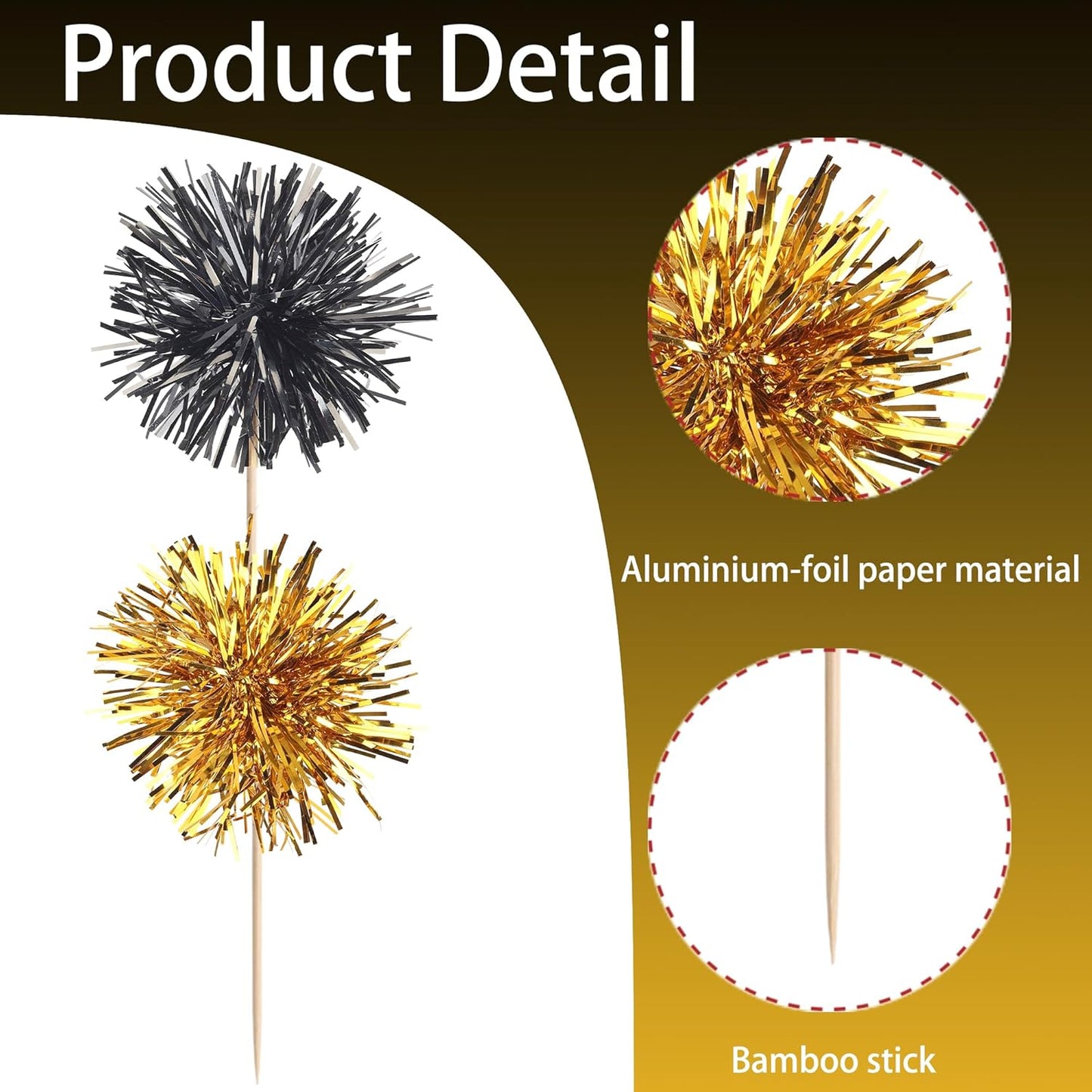 40 PCS Foil Firework Cupcake Toppers Sparkle Tinsel Cupcake Picks Fireworks Birthday Party Decorations Cocktail Fruit Toothpick for Birthday Wedding Graduation Party Decorations Supplies Black Gold