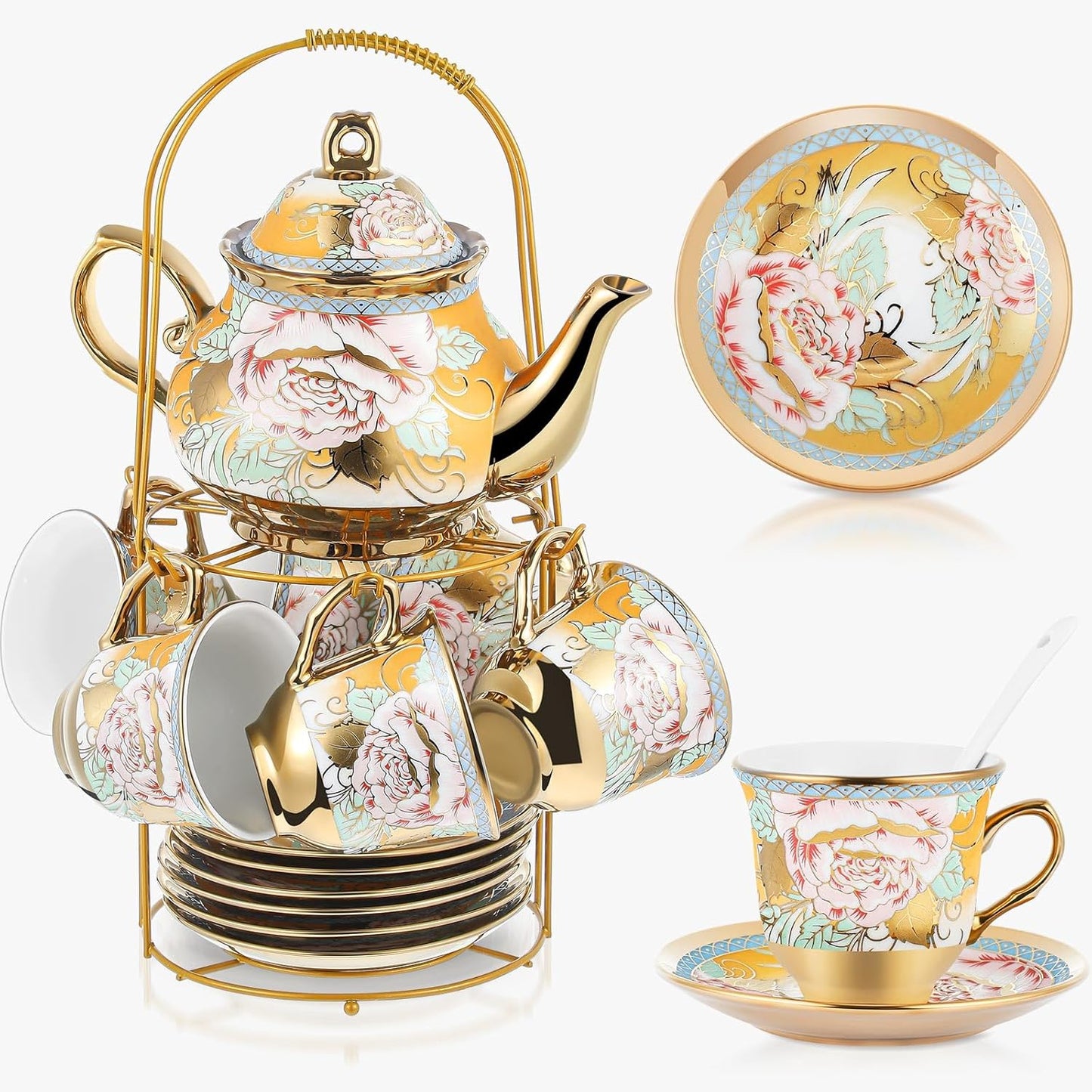 Zhehao 20 Pcs Porcelain Tea Set with Metal Holder and Spoon Adult Ceramic Tea Party Set European Flower Painting Teapot Cup Saucer Spoon Set for Women, Large Version(Classic Style)