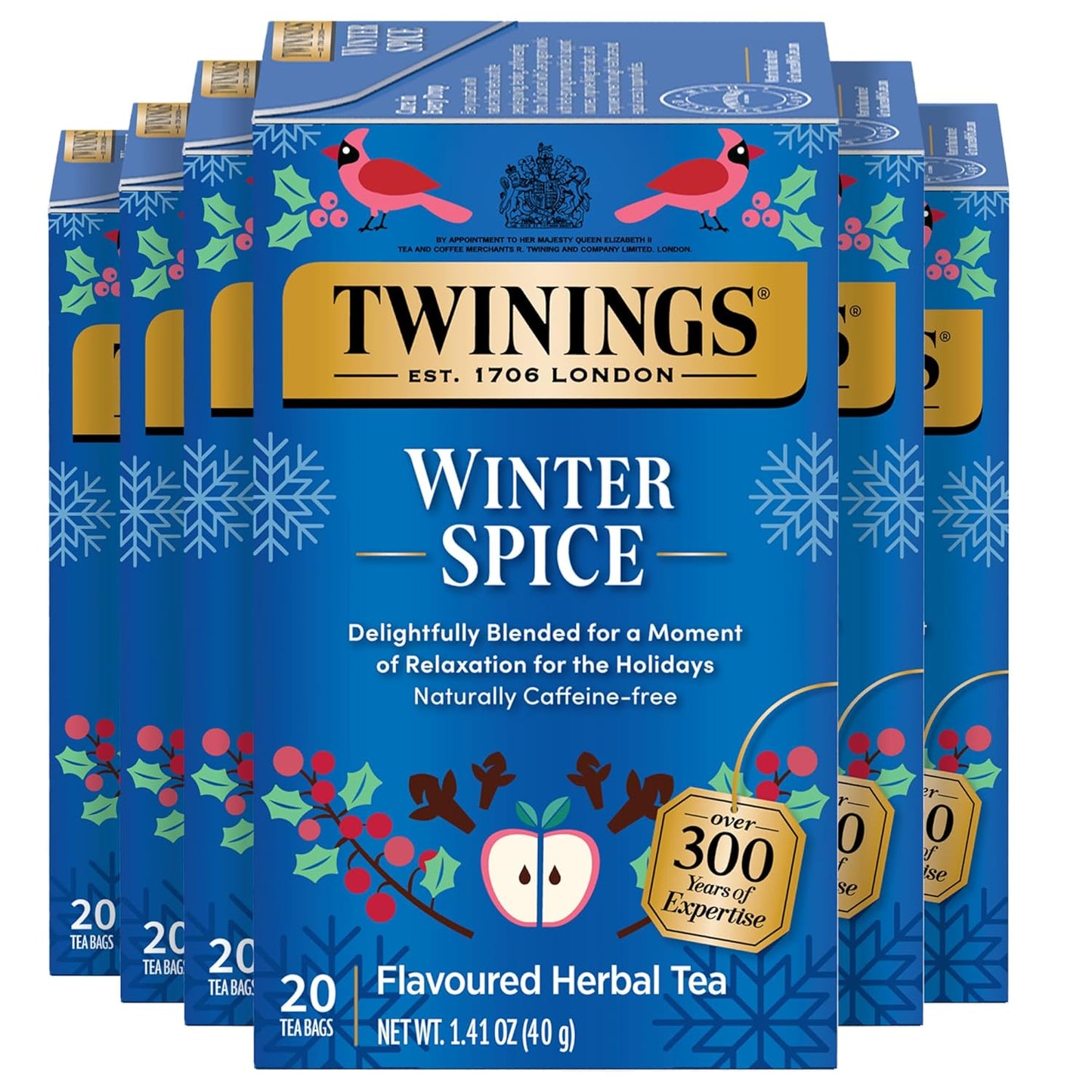Twinings Winter Spice Herbal Tea Individually Wrapped, 20 Count (Pack of 6), Camomile, Apple, Cinnamon, & Clove, Caffeine-Free, Enjoy Hot or Iced, 120 Teabags