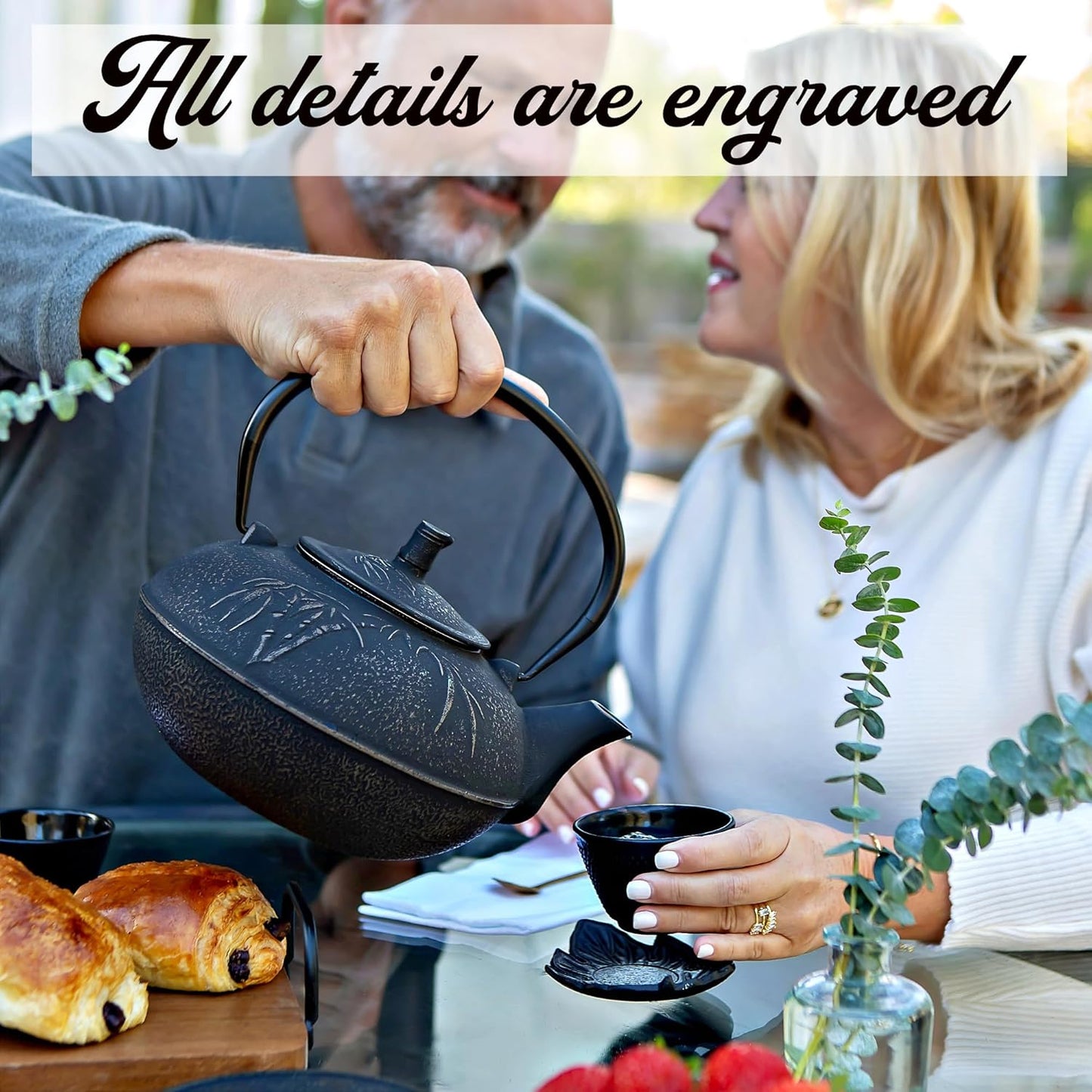 XXL Japanese Cast Iron Teapot with Infuser & Matching Trivet - Large 85 Oz/2500ml Tetsubin Loose Leaf Tea Pot with Enamel Interior - Handcrafted Big Cast Iron Tea Kettle Humidifier Set - Black