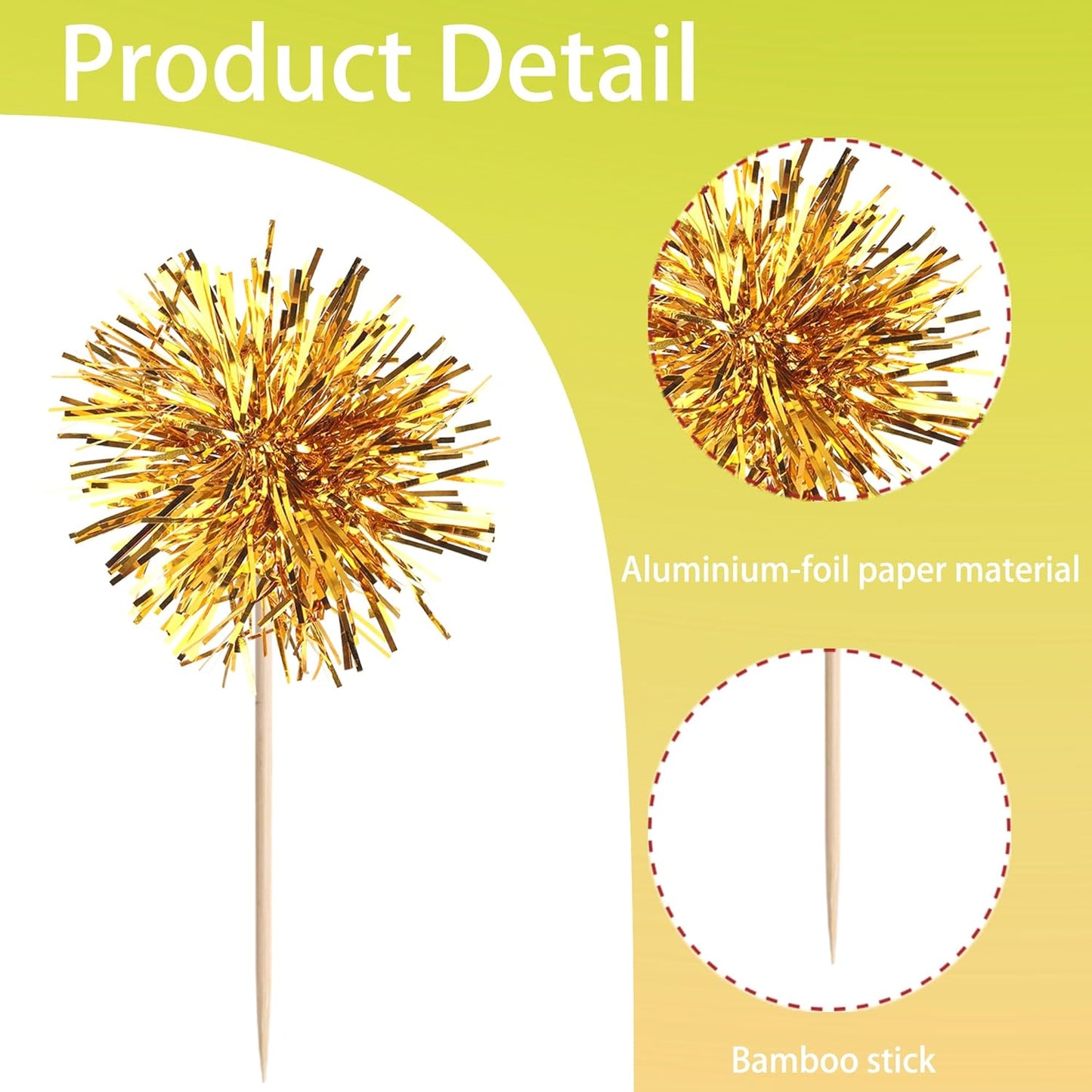 40 PCS Foil Firework Cupcake Toppers Fireworks Cupcake Picks Sparkle Tinsel Cake Decorations Cocktail Fruit Toothpick for Firework Theme Birthday Wedding Graduation Party Decorations Supplies Gold