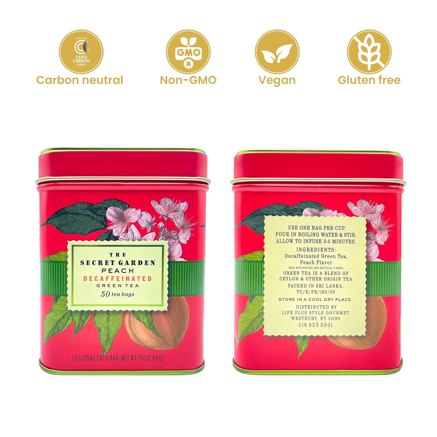 Premium Decaf Peach Herbal Green Tea Bags 50 Pack Designer Tin, Eco-Friendly, Sugar Free, Keto & Diabetic Friendly Full Bodied Aromatic Flavor Family Share Size Bulk Teabags (50-Count)