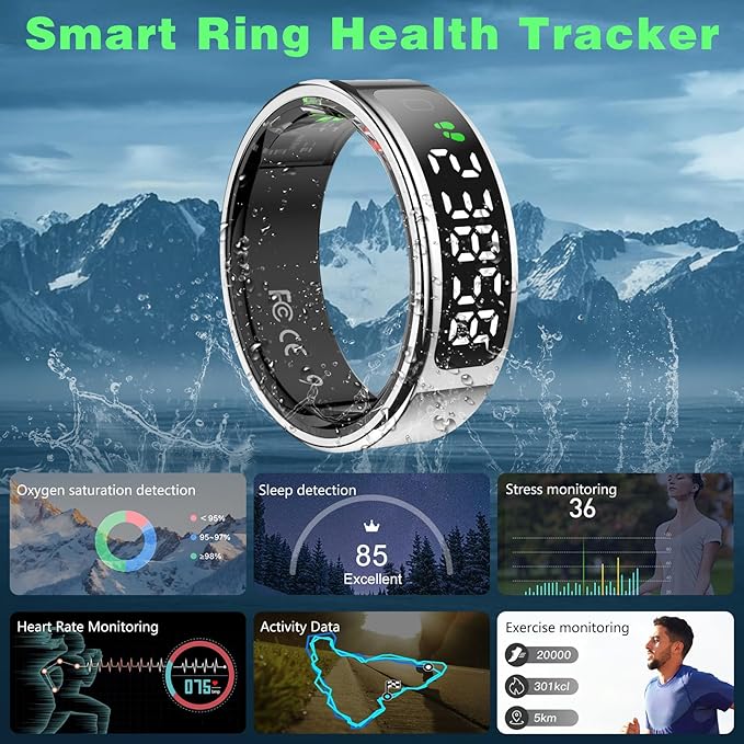 Smart Ring with LED Display Screen, Fitness Tracker Smart Rings for Women Men, Health Ring for iOS & Android, Sleep Tracker Ring Compatible with Heart Rate, SpO2, Sleep, Step (Silver, 8)