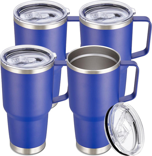 30 oz Tumbler with Handle and Lid, Stainless Steel Tumblers Bulk Double Wall Vacuum Insulated Travel Mug Leak Proof Cup Keep Drinks Cold and Hot Blue, 4 Pack