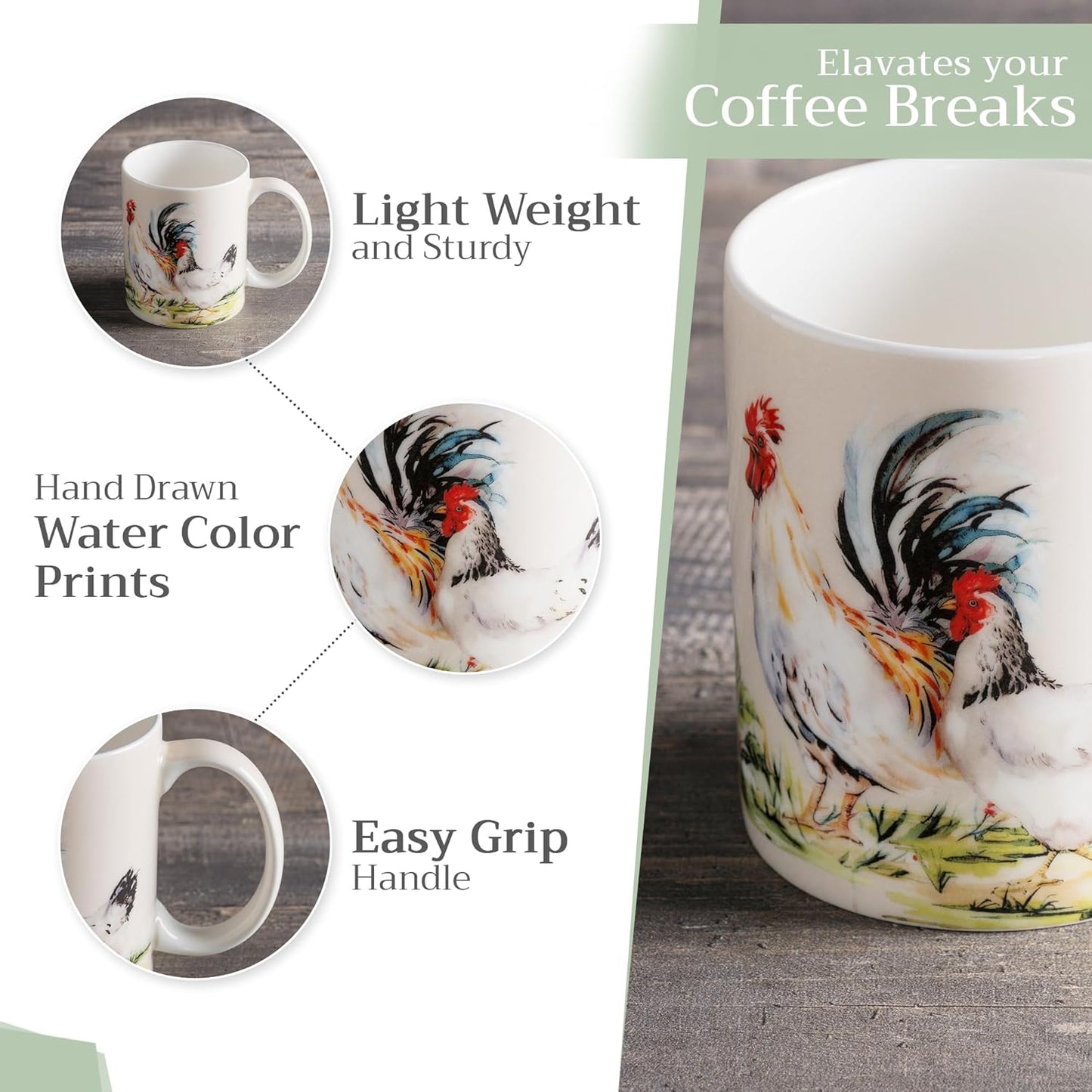 Maison d' Hermine Coffee Mug with Handles Fine Bone China Mugs Pack of Two Tea Cups for Hot Beverages Cappuccino Latte Home Restaurant Office Perfect for Gift (Campagne, 12 Ounce)