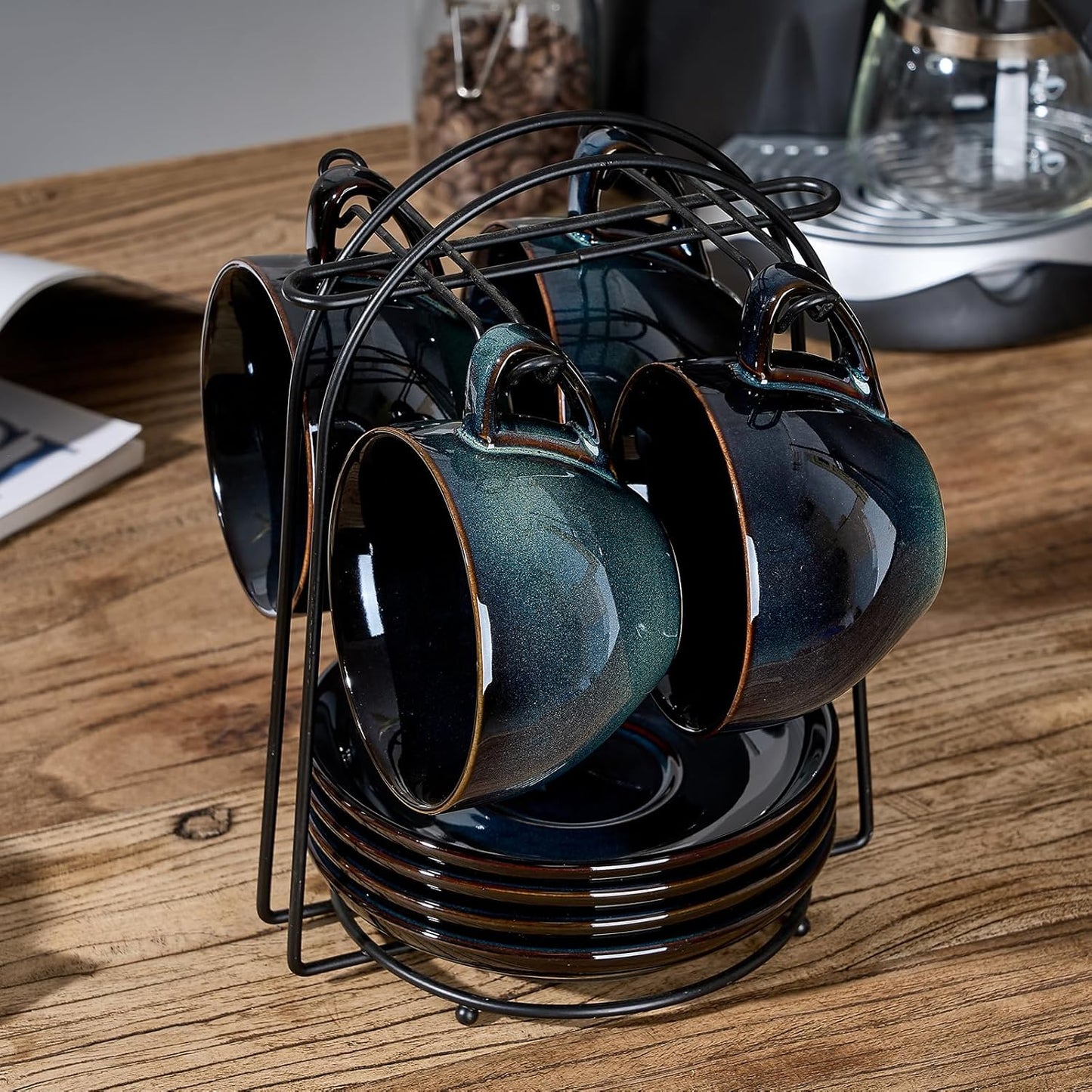 SIDUCAL Espresso Cups Set of 4 [8oz] Porcelain Coffee Cups with Saucers and Holder,Latte Cups- Latte Art Cup - Microwave/Dishwasher Safe,Espresso Demitasse Cups(Blue and Green)