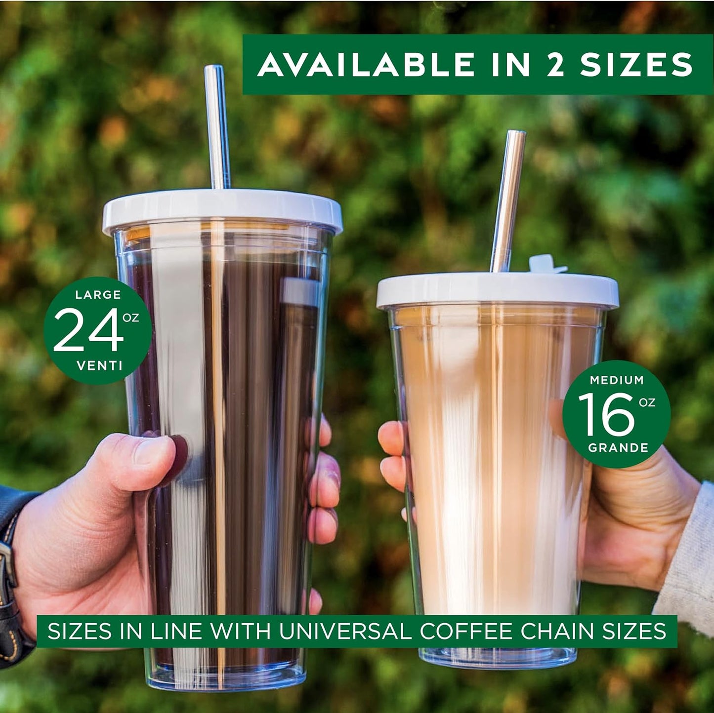 Reusable Iced Coffee Cup (16 Oz/Grande), Leak Proof and Double Wall Insulated Iced Coffee Tumbler, Come with Reusable Plastic and Metal Straws and Straw Cleaner