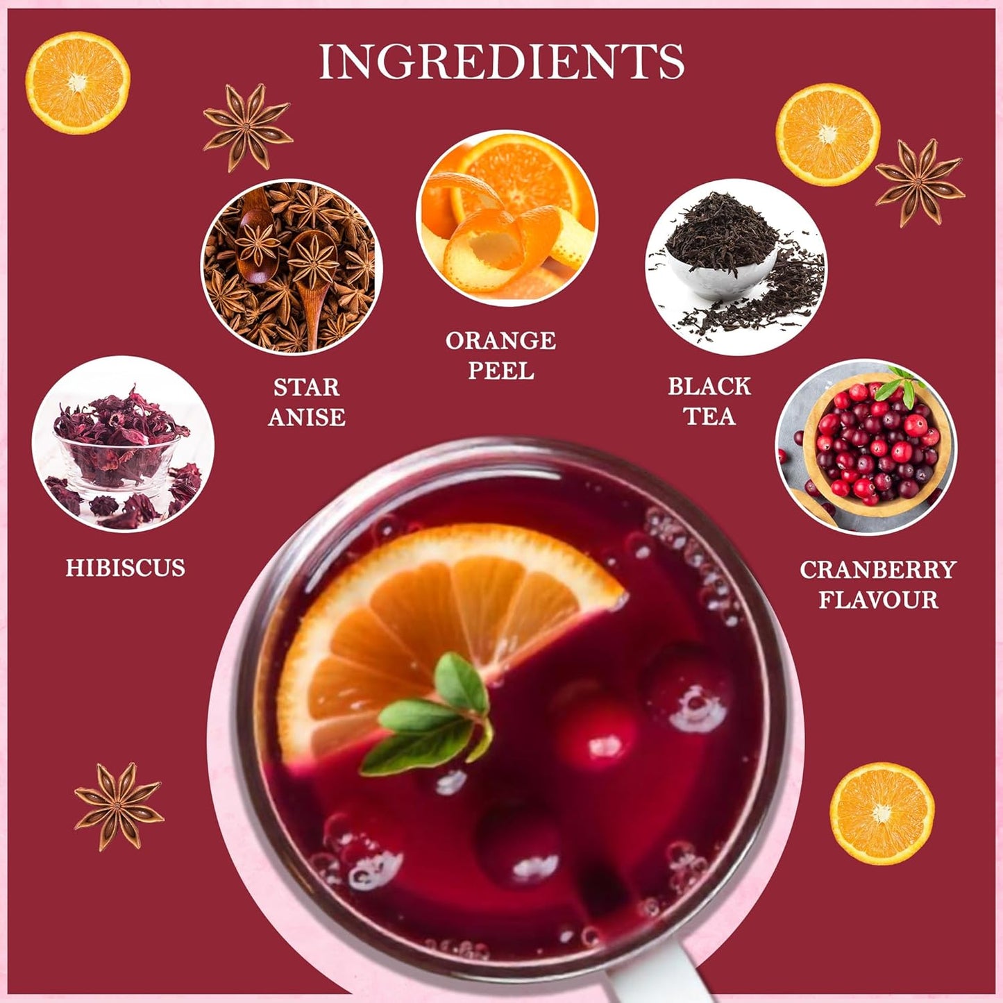 Tealeaf & Co. Cranberry Orange Black Tea Bags Blended with Fresh Herbs and Spices - Organic Black Tea Bags with Orange Peel, Star Anise & Hibiscus - Low Caffeine - Gluten Free - 50 Teabags