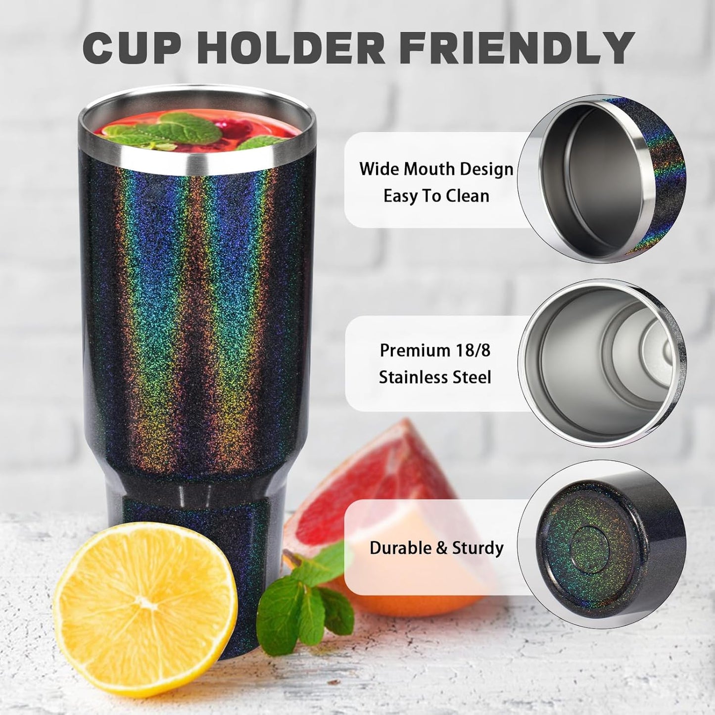 40 oz Tumbler with Lids and Straws, Stainless Steel Insulated Coffee Tumbler, Double Wall Vacuum Insulated Travel Mug Cup, Leakproof Thermal Coffee Cup for Hot and Cold Drinks (Glitter Black)