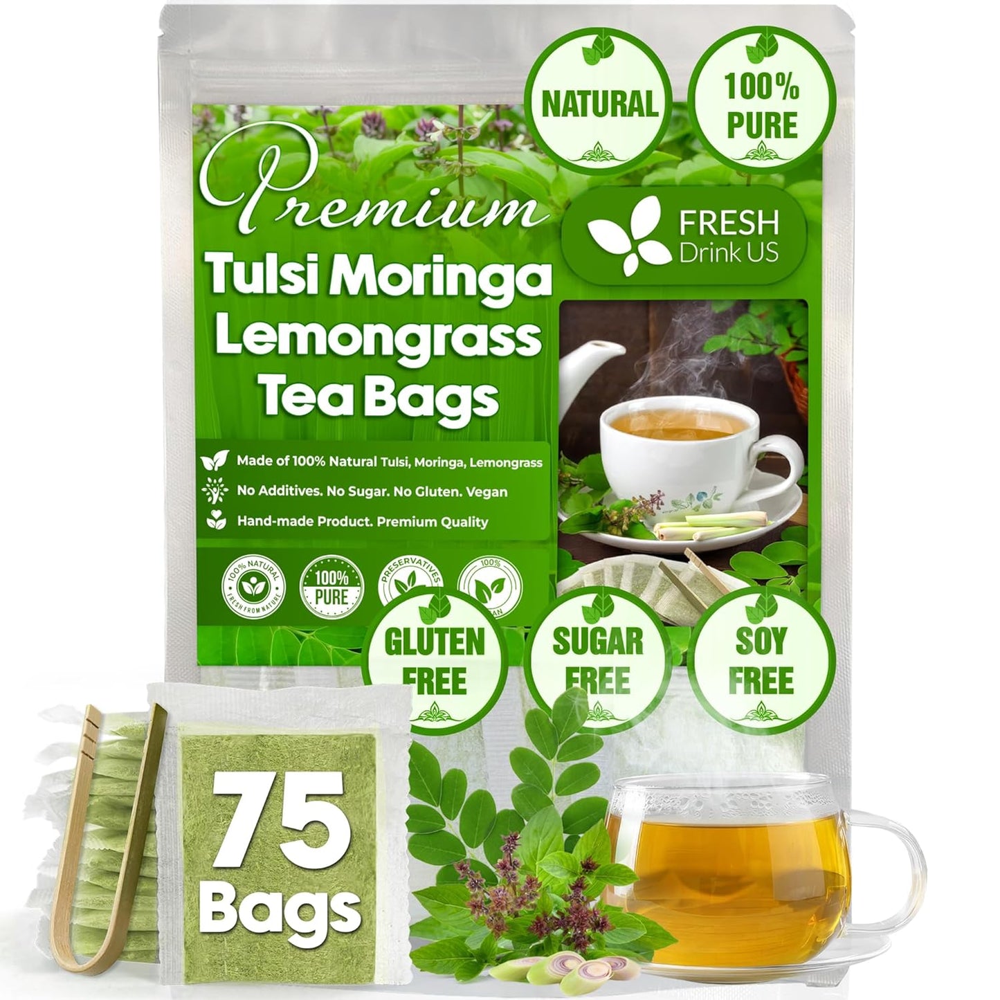 FreshDrinkUS, Premium 75 Tea Bags Tulsi Moringa Lemongrass, 100% Natural & Pure from Tulsi Holy Basil Leaves, Moringa & Lemongrass. Made with Natural Material Tea Bags. No Sugar, No Caffeine, Vegan.