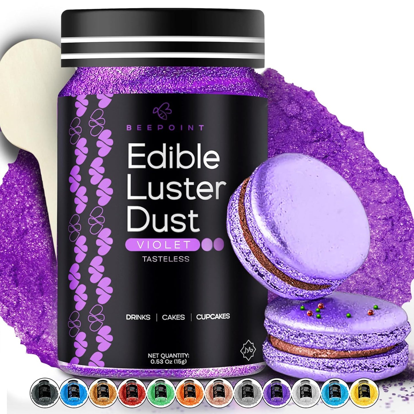 BeePoint Violet Edible Luster Dust 15g - Food Grade, Vibrant Color Shimmer Powdered Dust for Drinks, Cocktails, Cake Decorating, Baking, Chocolates, Candy, Sweets, & Cookies - Vegan & Gluten Free