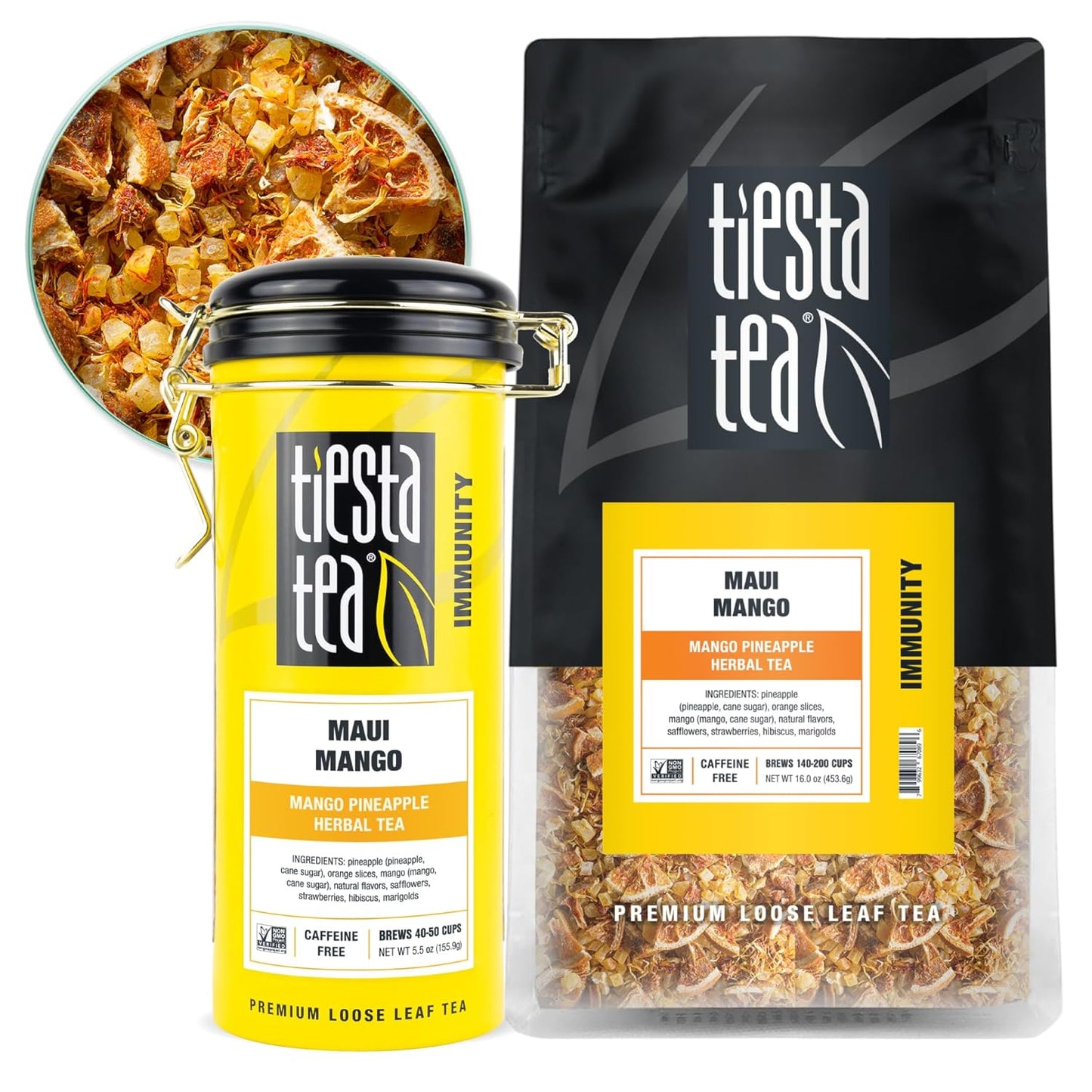 Tiesta Tea - Maui Mango, Loose Leaf, Mango Pineapple Herbal Tea, Premium Non-Caffeinated Fruit Blend, Makes Hot or Iced & Brews Up to 250 Cups - 16oz Bulk Pouch & 5.5oz Refillable Tin Combo