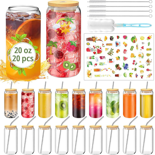 20 OZ Glass Cups with Lids and Straws, 20 Pack Drinking Glasses with Bamboo Lids Stylish Glass Beer Can Cups with Stainless Steel Straws Iced Coffee Cup Great for Soda Boba Tea Cocktail
